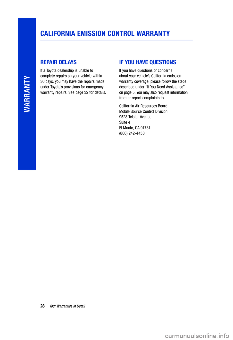 TOYOTA HIGHLANDER HYBRID 2020  Warranties & Maintenance Guides (in English) 28Your Warranties in Detail
WARRANTY
REPAIR DELAYS
If a Toyota dealership is unable to  
complete repairs on your vehicle within   
30 days, you may have the repairs made 
under Toyota’s provisions 