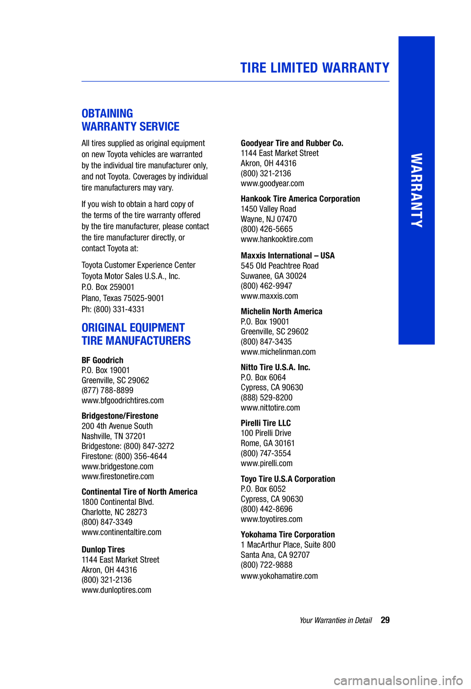 TOYOTA HIGHLANDER HYBRID 2020 Warranties & Maintenance Guides (in English) 29Your Warranties in Detail
WARRANTY
OBTAINING
WARRANTY SERVICE
All tires supplied as original equipment
on new Toyota vehicles are warranted
by the individual tire manufacturer only,
and not TOYOTA HIGHLANDER HYBRID 2020 Warranties & Maintenance Guides (in English) 29Your Warranties in Detail
WARRANTY
OBTAINING
WARRANTY SERVICE
All tires supplied as original equipment
on new Toyota vehicles are warranted
by the individual tire manufacturer only,
and not