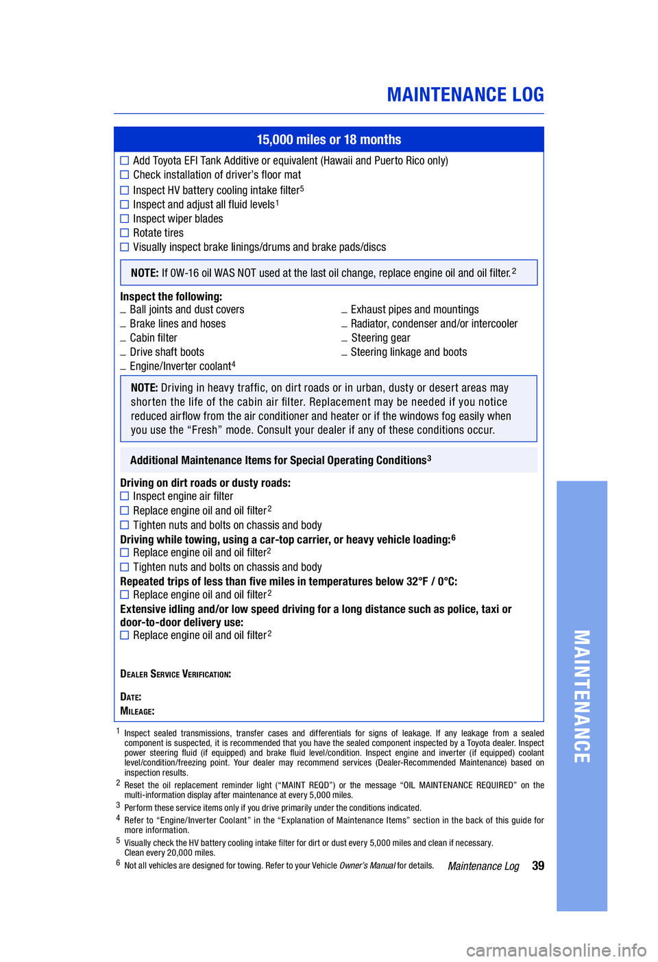 TOYOTA HIGHLANDER HYBRID 2020  Warranties & Maintenance Guides (in English) 39Maintenance Log
MAINTENANCE  LOG
MAINTENANCE
15,000 miles or 18  months
 
Add  Toyo t a  EFI Ta nk  Additive  or equivalent  (Hawaii and Puerto  Rico only)
Check  installation  of driver’s  floor 