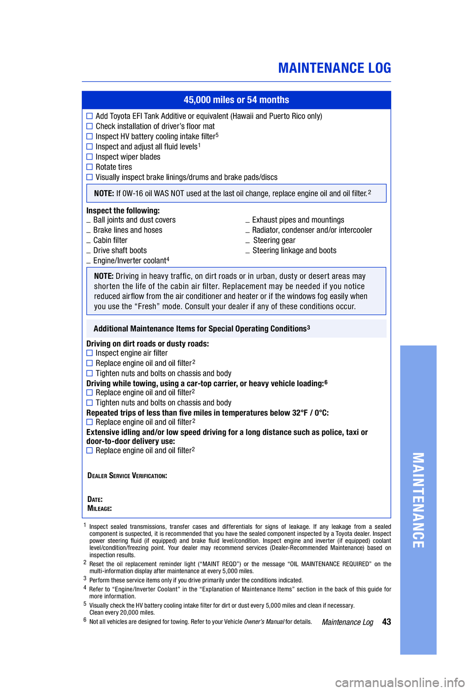 TOYOTA HIGHLANDER HYBRID 2020  Warranties & Maintenance Guides (in English) 43Maintenance Log
MAINTENANCE  LOG
MAINTENANCE
45,000 miles or 54  months
 
Add  Toyo t a  EFI Ta nk  Additive  or equivalent  (Hawaii and Puerto  Rico only)
Check  installation  of driver’s  floor 