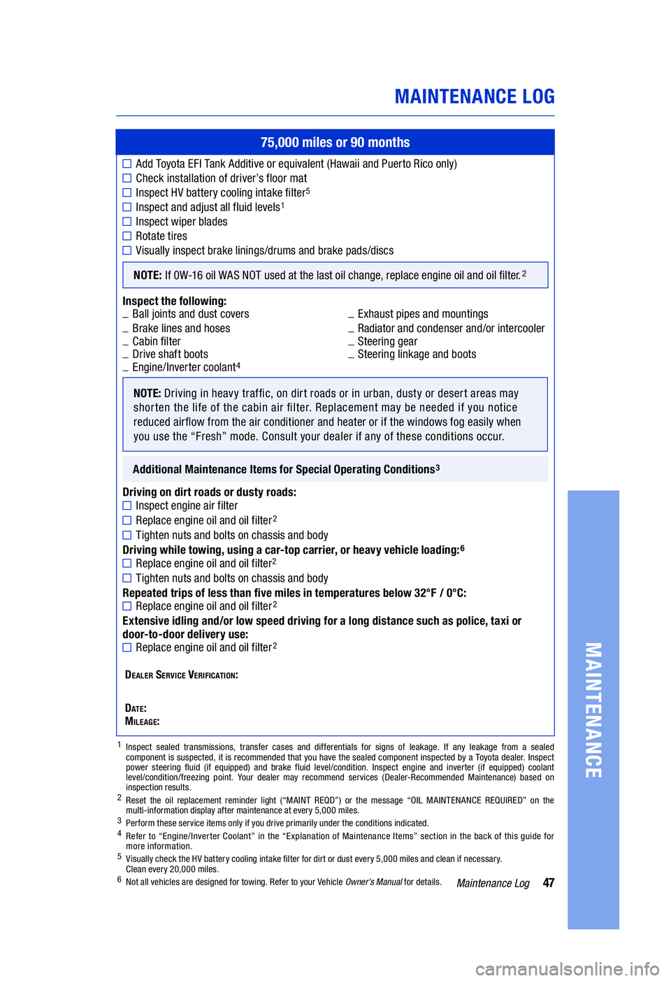 TOYOTA HIGHLANDER HYBRID 2020  Warranties & Maintenance Guides (in English) 47Maintenance Log
75,000 miles or 90 months
 Add Toyota EFI Tank Additive or equivalent (Hawaii and Puerto Rico only)
Check installation of driver’s floor mat
Inspect HV battery cooling intake �lter