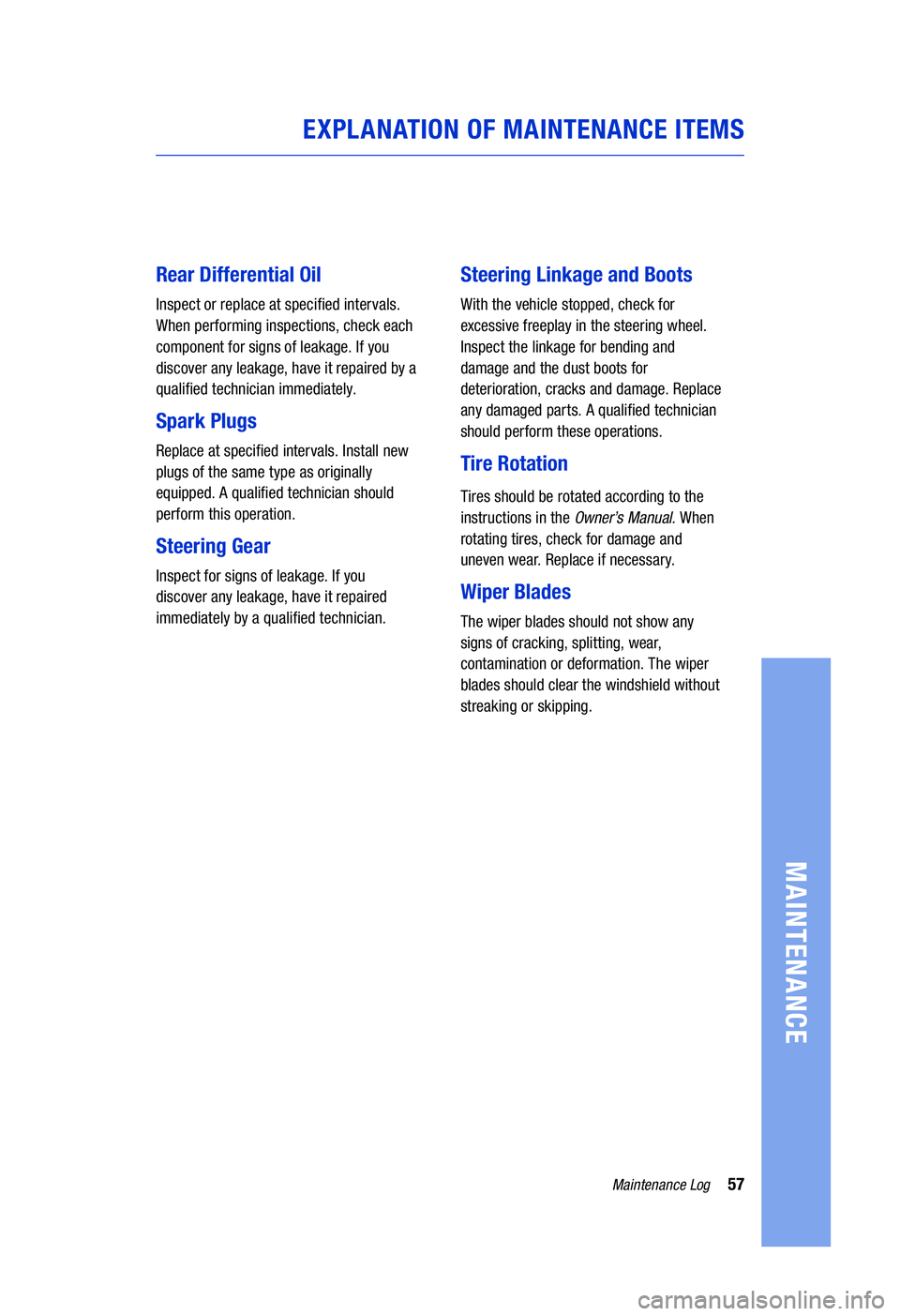 TOYOTA HIGHLANDER HYBRID 2020  Warranties & Maintenance Guides (in English) 57Maintenance Log
MAINTENANCE
EXPLANATION OF MAINTENANCE ITEMS
Rear Differential Oil
Inspect or replace at speci�ed intervals. 
When performing inspections, check each  
component for signs of leakage