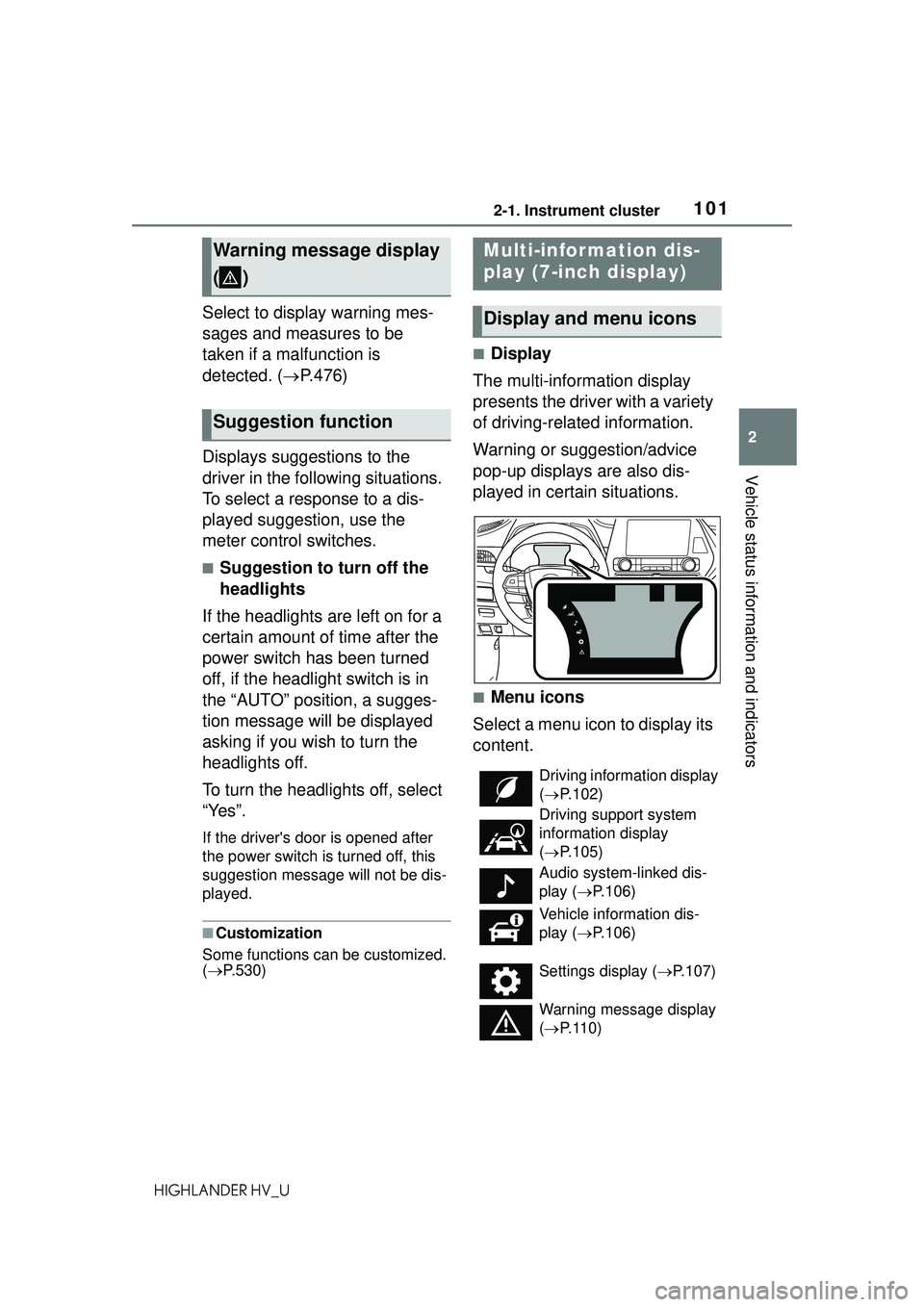 TOYOTA HIGHLANDER HYBRID 2021 Owners Manual (in English) 1012-1. Instrument cluster
2
Vehicle status information and indicators
HIGHLANDER HV_U
Select to display warning mes-
sages and measures to be
taken if a malfunction is
detected. (P.476)
Displays TOYOTA HIGHLANDER HYBRID 2021 Owners Manual (in English) 1012-1. Instrument cluster
2
Vehicle status information and indicators
HIGHLANDER HV_U
Select to display warning mes-
sages and measures to be
taken if a malfunction is
detected. (P.476)
Displays