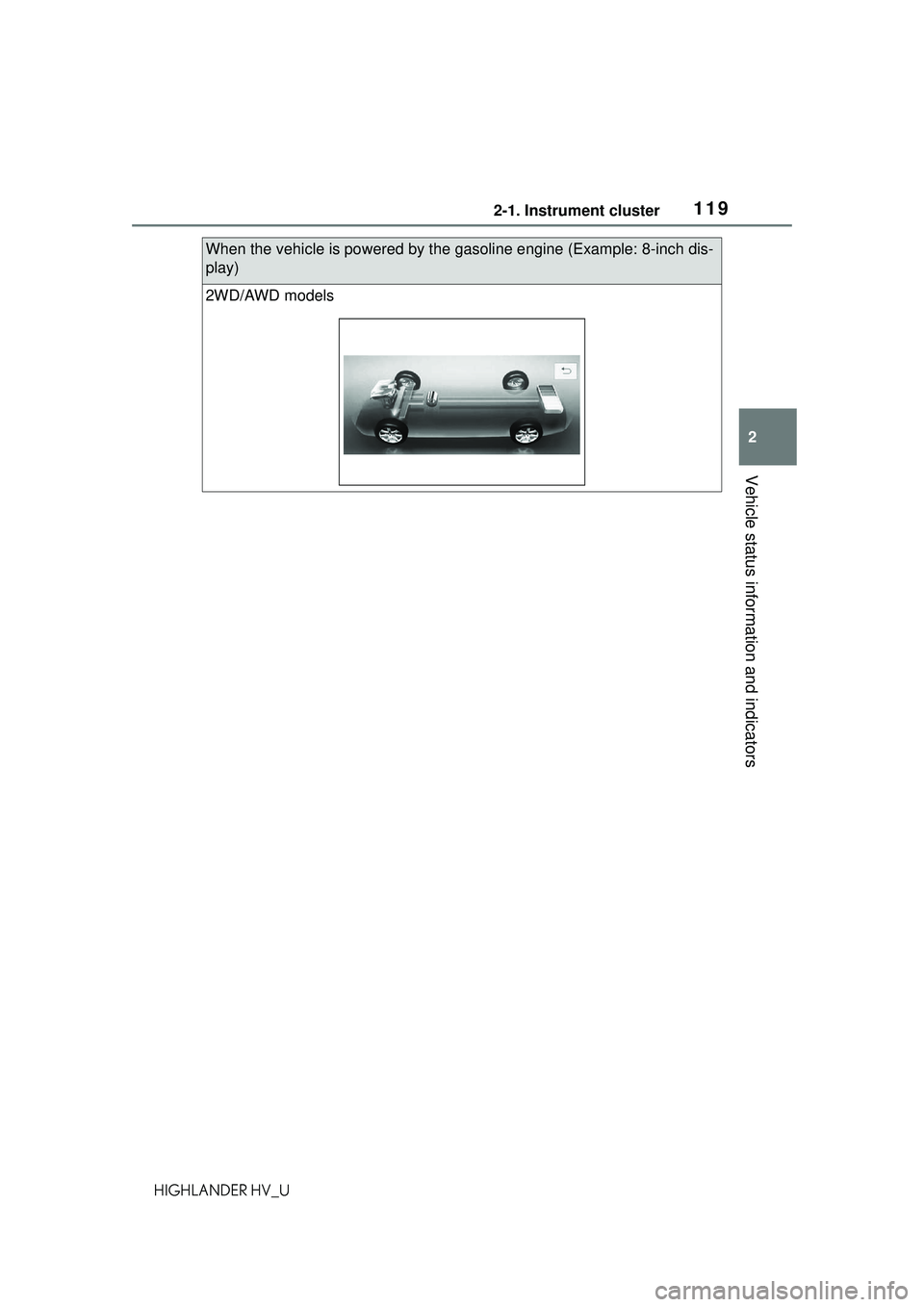 TOYOTA HIGHLANDER HYBRID 2021 Owners Manual (in English) 1192-1. Instrument cluster
2
Vehicle status information and indicators
HIGHLANDER HV_U
When the vehicle is powered by the gasoline engine (Example: 8-inch dis-
play)
2WD/AWD models TOYOTA HIGHLANDER HYBRID 2021 Owners Manual (in English) 1192-1. Instrument cluster
2
Vehicle status information and indicators
HIGHLANDER HV_U
When the vehicle is powered by the gasoline engine (Example: 8-inch dis-
play)
2WD/AWD models