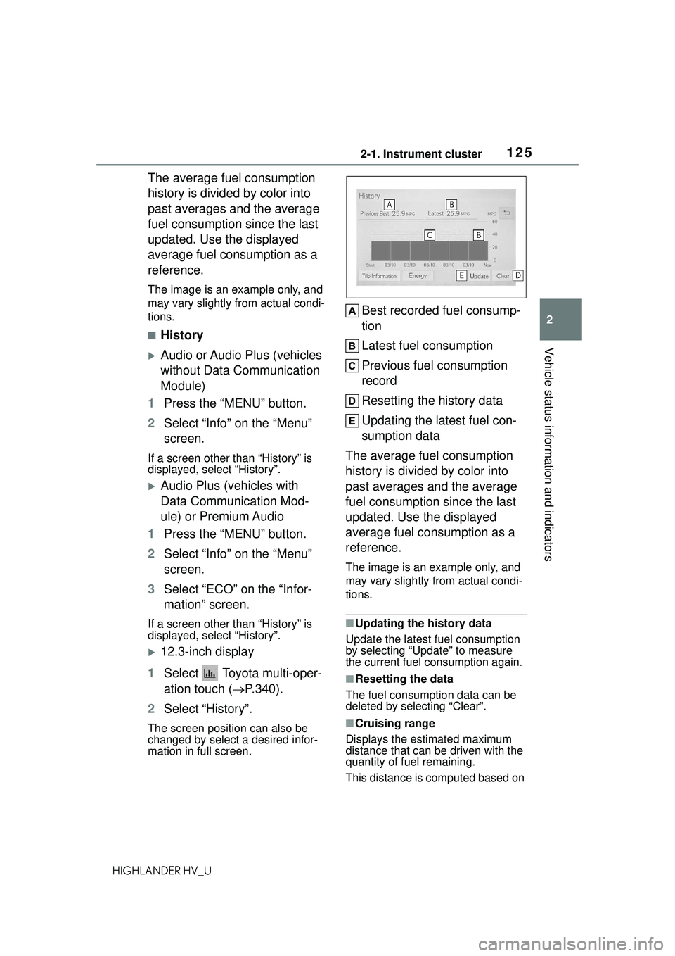 TOYOTA HIGHLANDER HYBRID 2021 Owners Manual (in English) 1252-1. Instrument cluster
2
Vehicle status information and indicators
HIGHLANDER HV_U
The average fuel consumption
history is divided by color into
past averages and the average
fuel consumption s TOYOTA HIGHLANDER HYBRID 2021 Owners Manual (in English) 1252-1. Instrument cluster
2
Vehicle status information and indicators
HIGHLANDER HV_U
The average fuel consumption
history is divided by color into
past averages and the average
fuel consumption s
