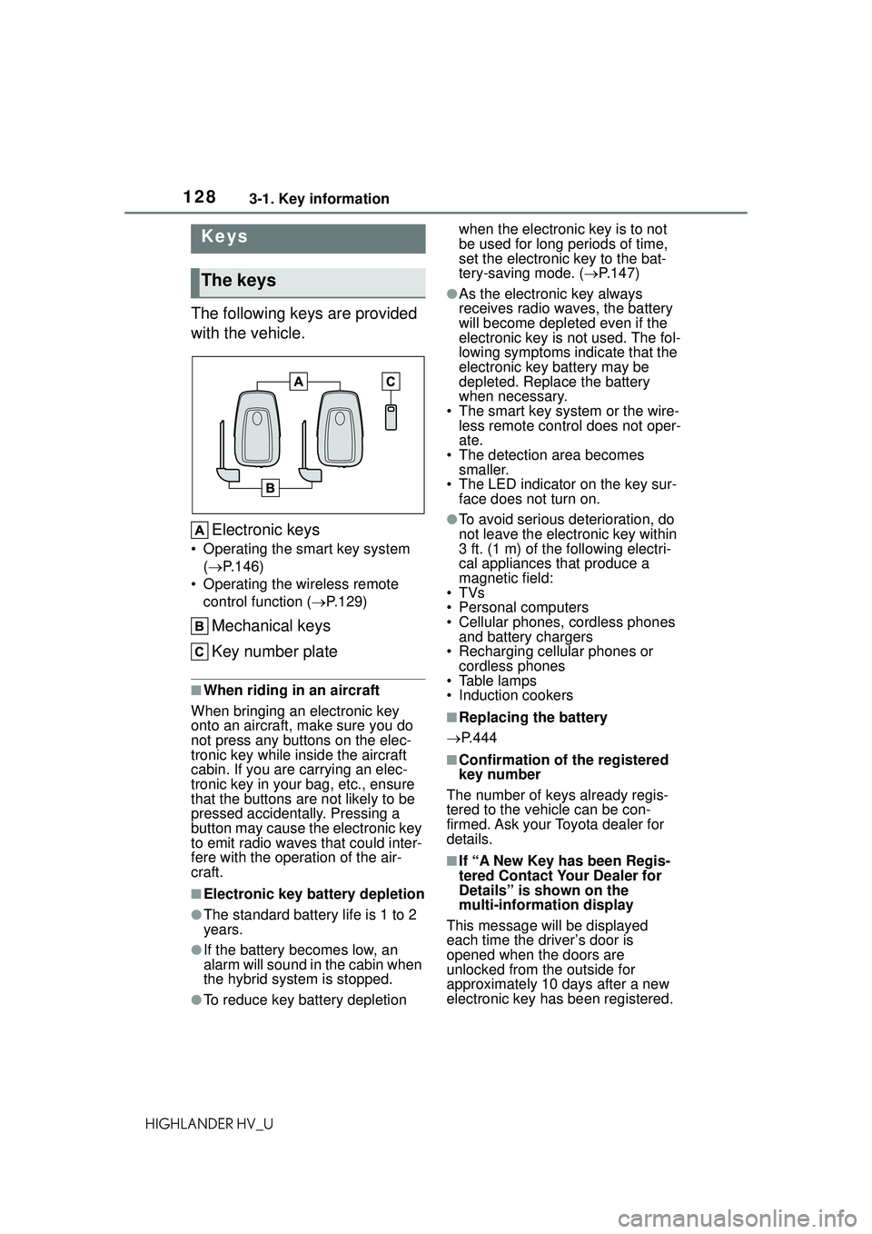 TOYOTA HIGHLANDER HYBRID 2021 Owners Manual (in English) 1283-1. Key information
HIGHLANDER HV_U
3-1.Key information
The following keys are provided
with the vehicle.Electronic keys
• Operating the smart key system ( P.146)
• Operating the wireless TOYOTA HIGHLANDER HYBRID 2021 Owners Manual (in English) 1283-1. Key information
HIGHLANDER HV_U
3-1.Key information
The following keys are provided
with the vehicle.Electronic keys
• Operating the smart key system ( P.146)
• Operating the wireless