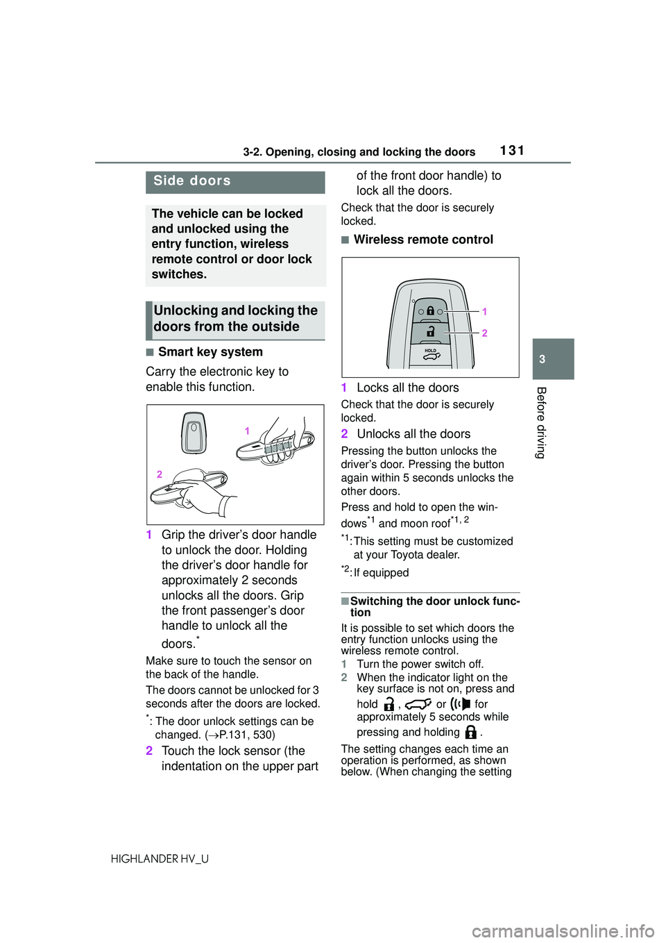 TOYOTA HIGHLANDER HYBRID 2021 Owners Manual (in English) 1313-2. Opening, closing and locking the doors
3
Before driving
HIGHLANDER HV_U
3-2.Opening, closing and locking the doors
■Smart key system
Carry the electronic key to
enable this function.
1 Grip TOYOTA HIGHLANDER HYBRID 2021 Owners Manual (in English) 1313-2. Opening, closing and locking the doors
3
Before driving
HIGHLANDER HV_U
3-2.Opening, closing and locking the doors
■Smart key system
Carry the electronic key to
enable this function.
1 Grip