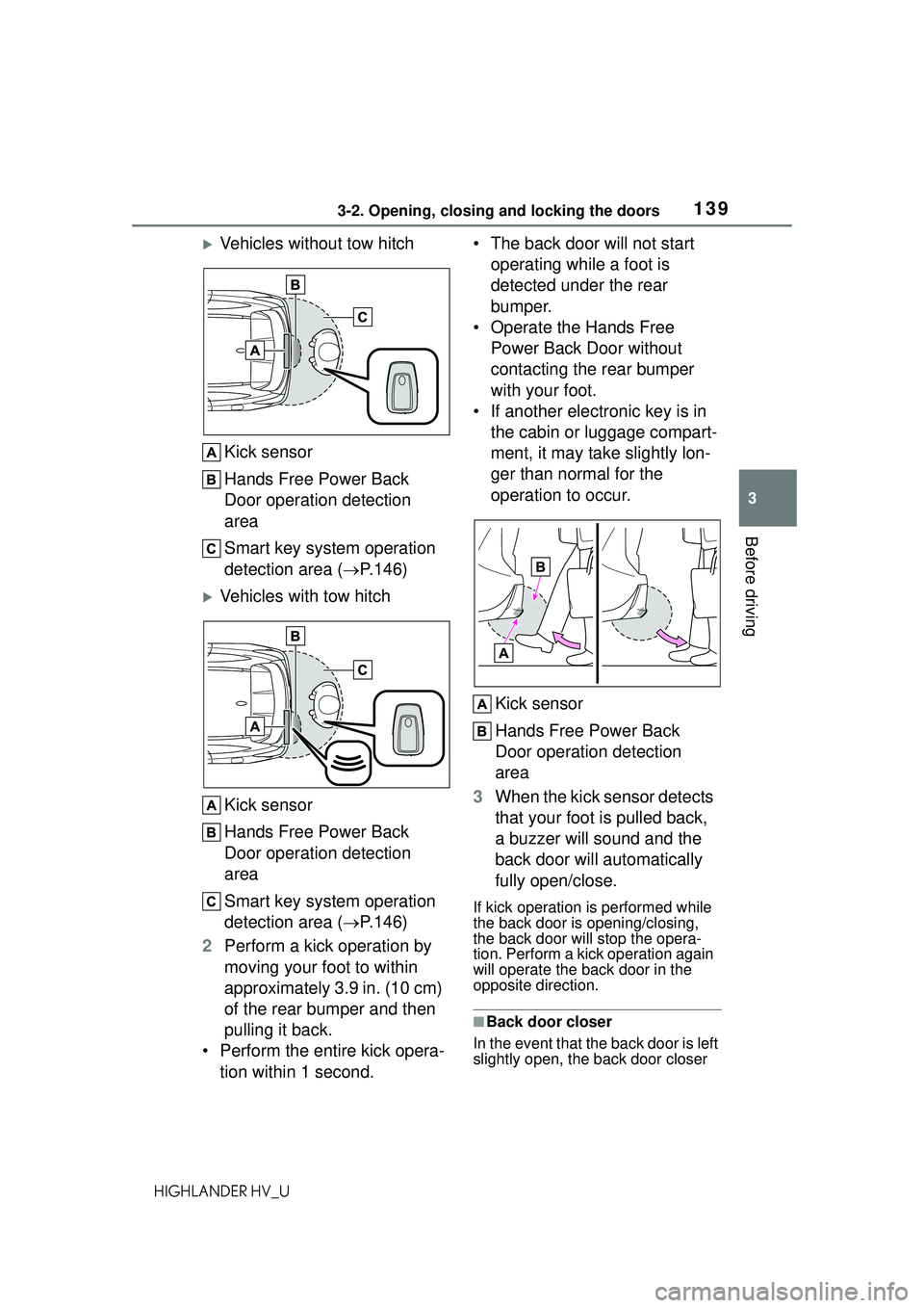 TOYOTA HIGHLANDER HYBRID 2021 Owners Manual (in English) 1393-2. Opening, closing and locking the doors
3
Before driving
HIGHLANDER HV_U
Vehicles without tow hitchKick sensor
Hands Free Power Back
Door operation detection
area
Smart key system operatio TOYOTA HIGHLANDER HYBRID 2021 Owners Manual (in English) 1393-2. Opening, closing and locking the doors
3
Before driving
HIGHLANDER HV_U
Vehicles without tow hitchKick sensor
Hands Free Power Back
Door operation detection
area
Smart key system operatio