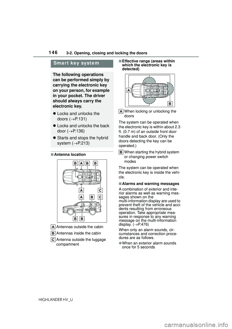 TOYOTA HIGHLANDER HYBRID 2021 Owners Manual (in English) 1463-2. Opening, closing and locking the doors
HIGHLANDER HV_U
■Antenna locationAntennas outside the cabin
Antennas inside the cabin
Antenna outside the luggage
compartment
■Effective range (area TOYOTA HIGHLANDER HYBRID 2021 Owners Manual (in English) 1463-2. Opening, closing and locking the doors
HIGHLANDER HV_U
■Antenna locationAntennas outside the cabin
Antennas inside the cabin
Antenna outside the luggage
compartment
■Effective range (area