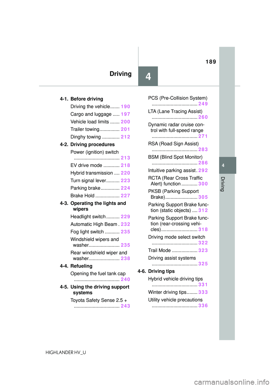 TOYOTA HIGHLANDER HYBRID 2021  Owners Manual (in English) 189
4
4
Driving
HIGHLANDER HV_U
Driving
.4-1. Before drivingDriving the vehicle....... 190
Cargo and luggage ..... 197
Vehicle load limits ....... 200
Trailer towing............... 201
Dinghy towing .