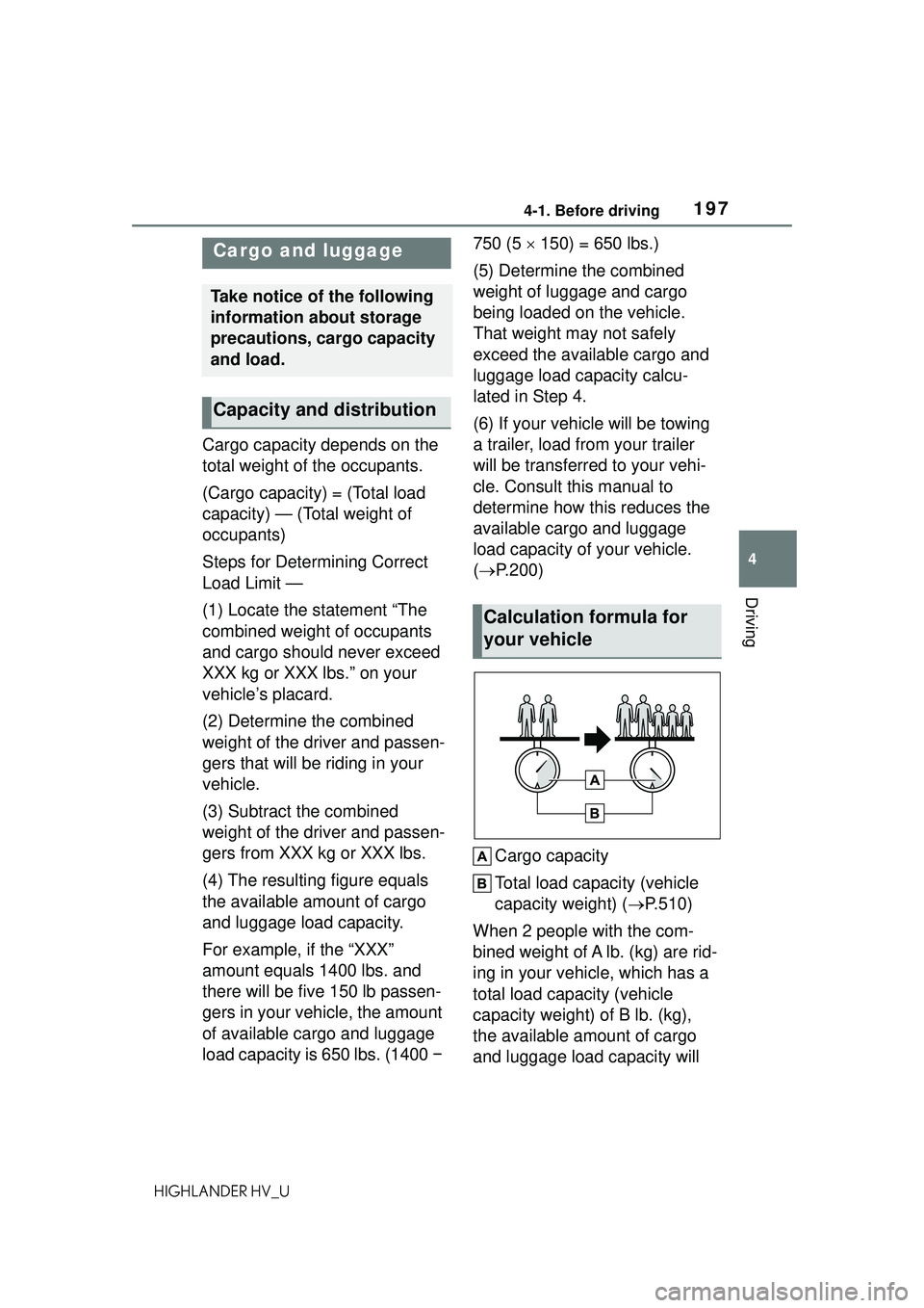 TOYOTA HIGHLANDER HYBRID 2021 Owners Manual (in English) 1974-1. Before driving
4
Driving
HIGHLANDER HV_U
Cargo capacity depends on the
total weight of the occupants.
(Cargo capacity) = (Total load
capacity) — (Total weight of
occupants)
Steps for Dete TOYOTA HIGHLANDER HYBRID 2021 Owners Manual (in English) 1974-1. Before driving
4
Driving
HIGHLANDER HV_U
Cargo capacity depends on the
total weight of the occupants.
(Cargo capacity) = (Total load
capacity) — (Total weight of
occupants)
Steps for Dete