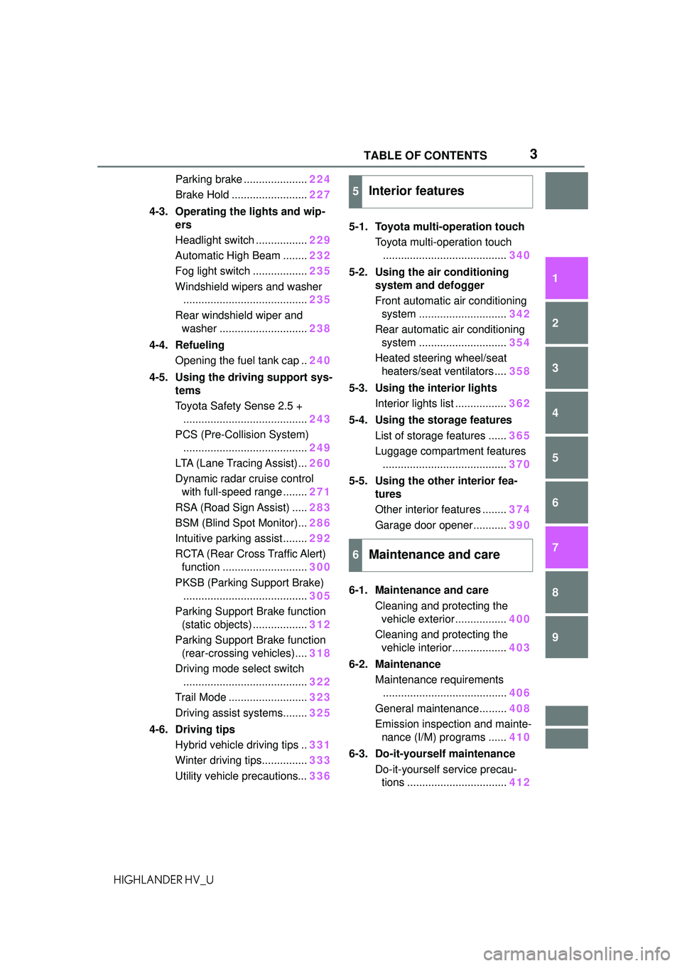 TOYOTA HIGHLANDER HYBRID 2021  Owners Manual (in English) 3TABLE OF CONTENTS
1
2
3
4
5
6
7
8
9
10
HIGHLANDER HV_U
Parking brake ..................... 224
Brake Hold ......................... 227
4-3. Operating the lights and wip- ers
Headlight switch .......