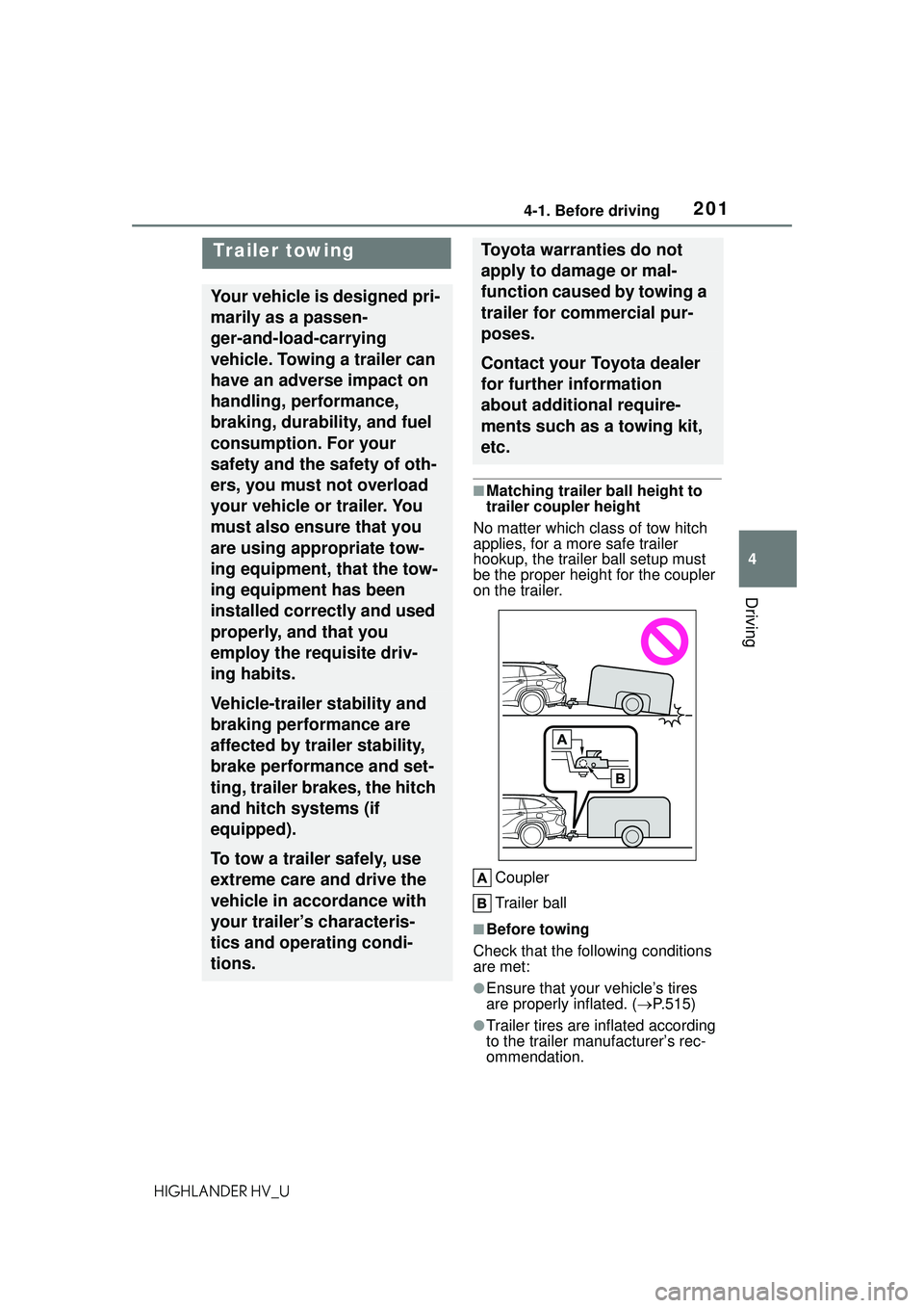TOYOTA HIGHLANDER HYBRID 2021 Owners Manual (in English) 2014-1. Before driving
4
Driving
HIGHLANDER HV_U
■Matching trailer ball height to
trailer coupler height
No matter which cl ass of tow hitch
applies, for a more safe trailer
hookup, the trailer b TOYOTA HIGHLANDER HYBRID 2021 Owners Manual (in English) 2014-1. Before driving
4
Driving
HIGHLANDER HV_U
■Matching trailer ball height to
trailer coupler height
No matter which cl ass of tow hitch
applies, for a more safe trailer
hookup, the trailer b