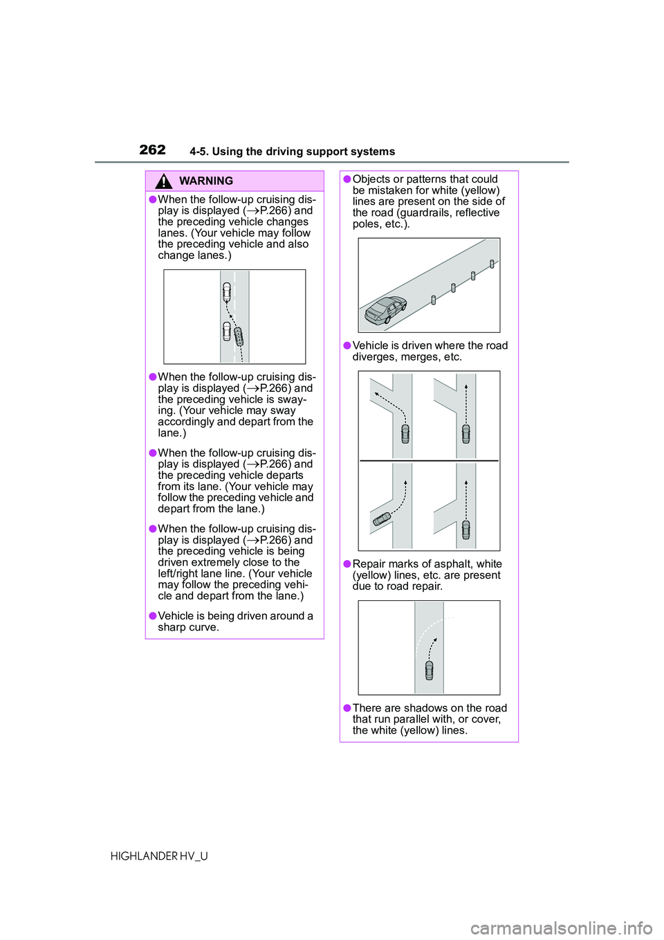 TOYOTA HIGHLANDER HYBRID 2021 Owners Manual (in English) 2624-5. Using the driving support systems
HIGHLANDER HV_U
WARNING
●When the follow-up cruising dis-
play is displayed (
P.266) and
the preceding vehicle changes
lanes. (Your vehicle may follow TOYOTA HIGHLANDER HYBRID 2021 Owners Manual (in English) 2624-5. Using the driving support systems
HIGHLANDER HV_U
WARNING
●When the follow-up cruising dis-
play is displayed (
P.266) and
the preceding vehicle changes
lanes. (Your vehicle may follow