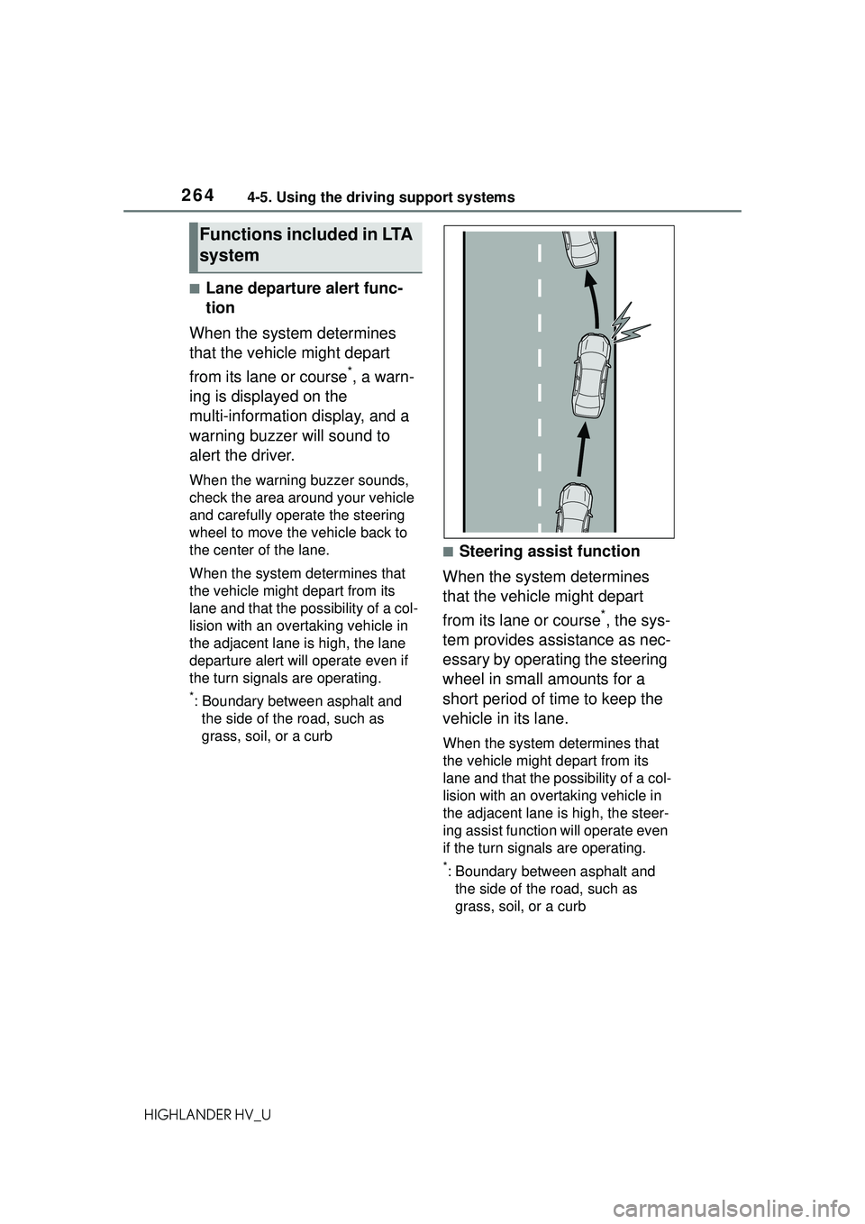 TOYOTA HIGHLANDER HYBRID 2021 Owners Manual (in English) 2644-5. Using the driving support systems
HIGHLANDER HV_U
■Lane departure alert func-
tion
When the system determines
that the vehicle might depart
from its lane or course
*, a warn-
ing is displa TOYOTA HIGHLANDER HYBRID 2021 Owners Manual (in English) 2644-5. Using the driving support systems
HIGHLANDER HV_U
■Lane departure alert func-
tion
When the system determines
that the vehicle might depart
from its lane or course
*, a warn-
ing is displa