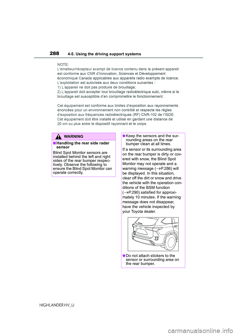 TOYOTA HIGHLANDER HYBRID 2021 Owners Manual (in English) 2884-5. Using the driving support systems
HIGHLANDER HV_U
WARNING
■Handling the rear side radar
sensor
Blind Spot Monitor sensors are
installed behind the left and right
sides of the rear bumper TOYOTA HIGHLANDER HYBRID 2021 Owners Manual (in English) 2884-5. Using the driving support systems
HIGHLANDER HV_U
WARNING
■Handling the rear side radar
sensor
Blind Spot Monitor sensors are
installed behind the left and right
sides of the rear bumper
