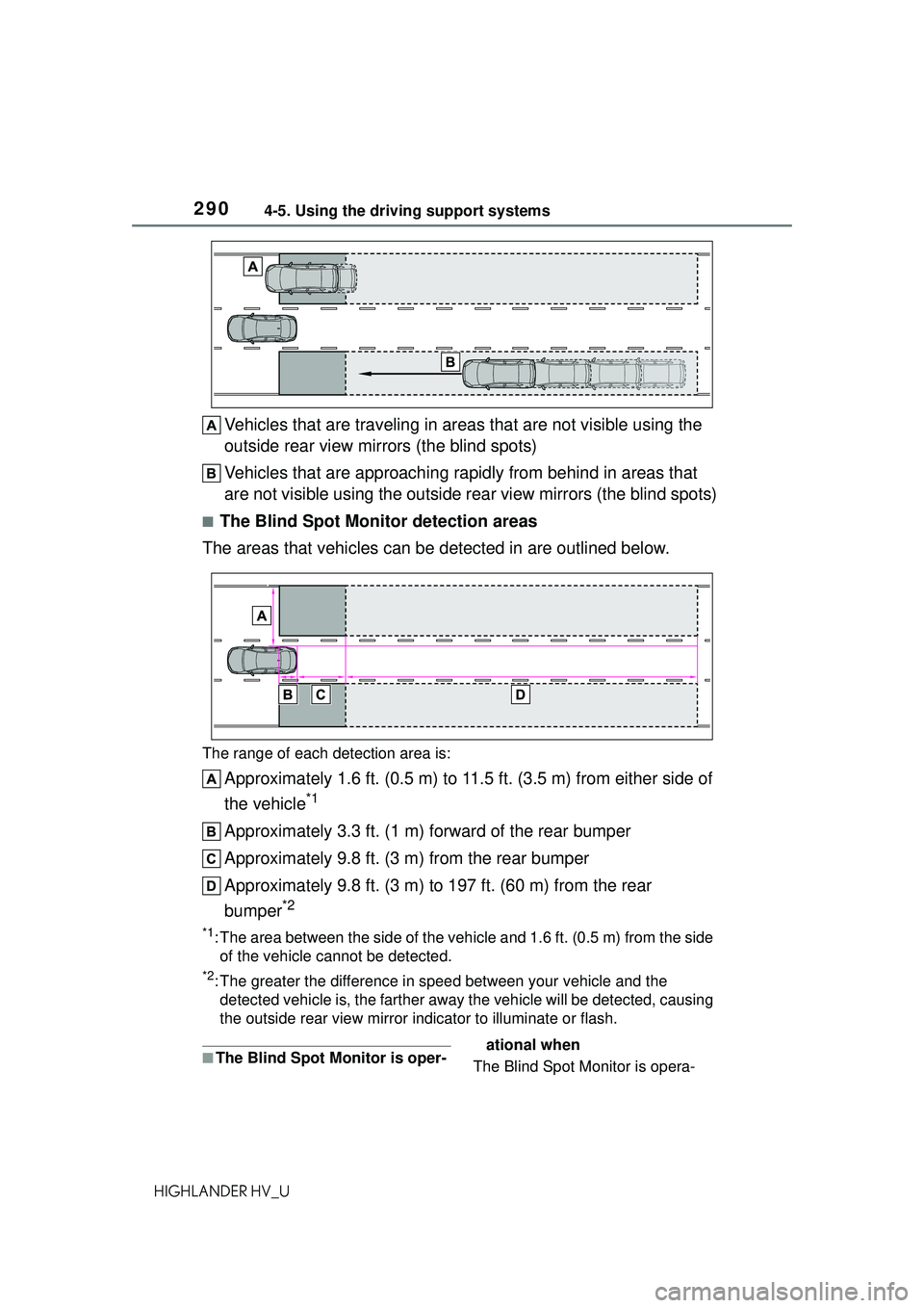 TOYOTA HIGHLANDER HYBRID 2021 Owners Manual (in English) 2904-5. Using the driving support systems
HIGHLANDER HV_U
Vehicles that are traveling in areas that are not visible using the
outside rear view mirrors (the blind spots)
Vehicles that are approaching TOYOTA HIGHLANDER HYBRID 2021 Owners Manual (in English) 2904-5. Using the driving support systems
HIGHLANDER HV_U
Vehicles that are traveling in areas that are not visible using the
outside rear view mirrors (the blind spots)
Vehicles that are approaching