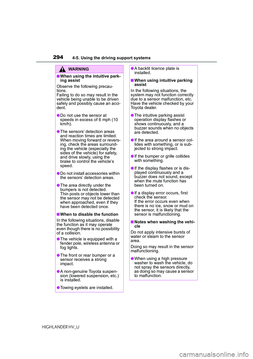 TOYOTA HIGHLANDER HYBRID 2021  Owners Manual (in English) 2944-5. Using the driving support systems
HIGHLANDER HV_U
WARNING
■When using the intuitive park-
ing assist
Observe the following precau-
tions. 
Failing to do so ma y result in the 
vehicle being 