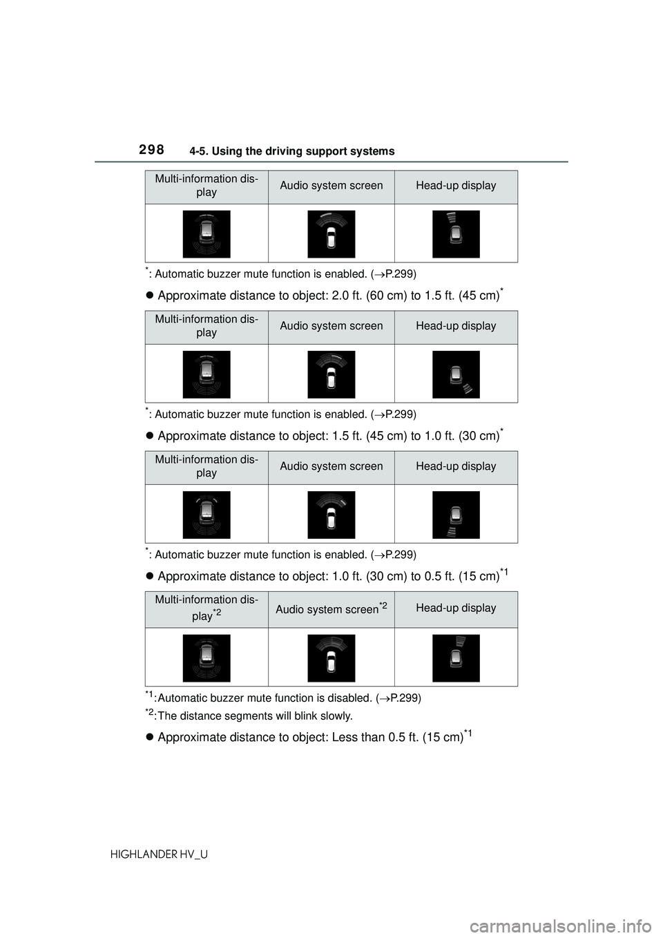 TOYOTA HIGHLANDER HYBRID 2021  Owners Manual (in English) 2984-5. Using the driving support systems
HIGHLANDER HV_U
*: Automatic buzzer mute function is enabled. (P.299)
 Approximate distance to object: 2.0 ft. (60 cm) to 1.5 ft. (45 cm)*
*: Automatic 