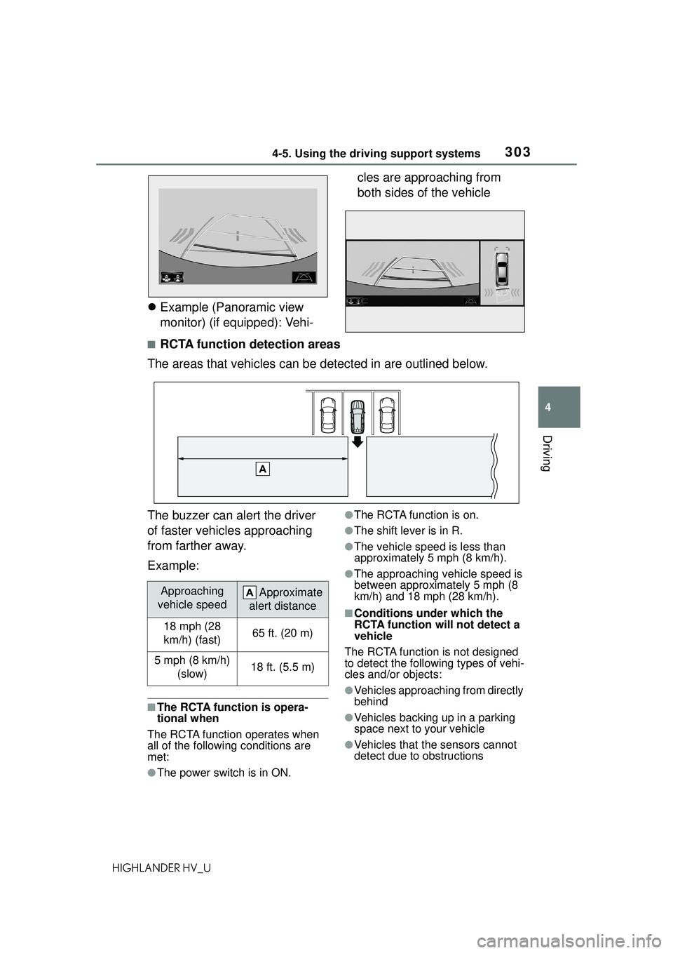 TOYOTA HIGHLANDER HYBRID 2021  Owners Manual (in English) 3034-5. Using the driving support systems
4
Driving
HIGHLANDER HV_U
Example (Panoramic view 
monitor) (if equipped): Vehi- cles are approaching from 
both sides of the vehicle
■RCTA function dete