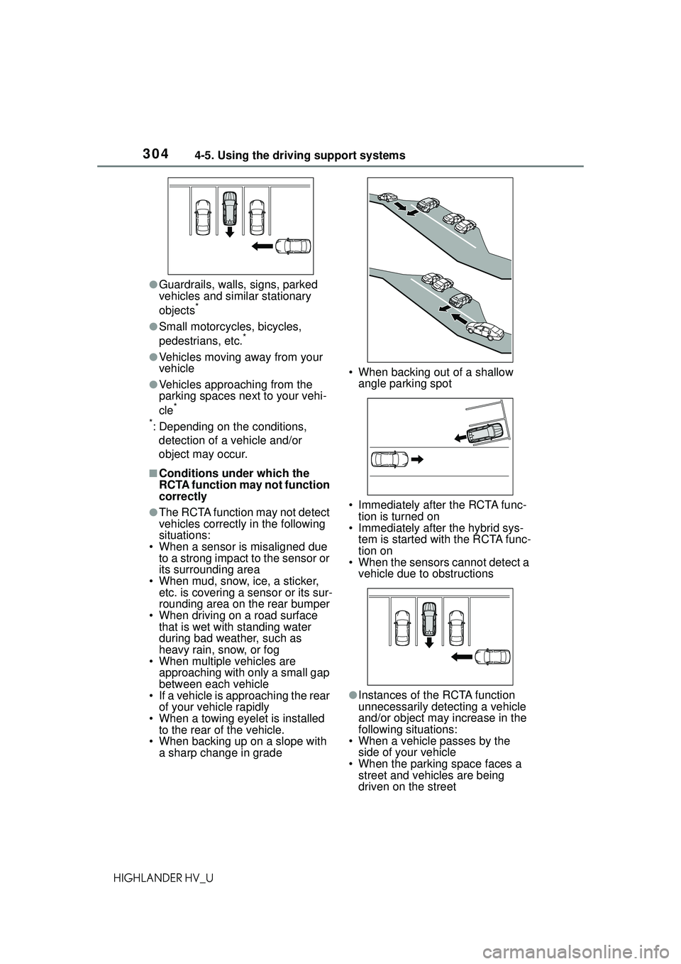 TOYOTA HIGHLANDER HYBRID 2021  Owners Manual (in English) 3044-5. Using the driving support systems
HIGHLANDER HV_U
●Guardrails, walls, signs, parked 
vehicles and similar stationary 
objects
*
●Small motorcycles, bicycles, 
pedestrians, etc.*
●Vehicle