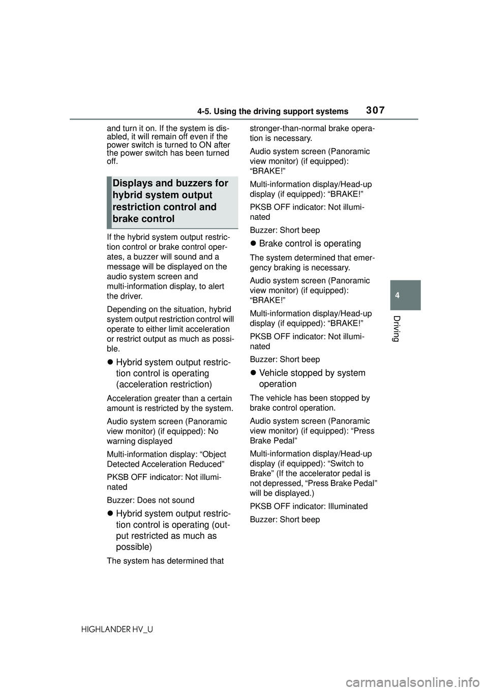 TOYOTA HIGHLANDER HYBRID 2021  Owners Manual (in English) 3074-5. Using the driving support systems
4
Driving
HIGHLANDER HV_Uand turn it on. If the system is dis-
abled, it will remain off even if the 
power switch is turned to ON after 
the power switch has