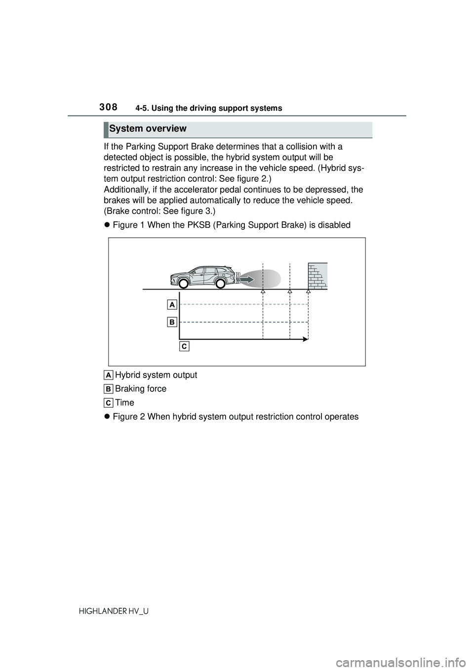 TOYOTA HIGHLANDER HYBRID 2021  Owners Manual (in English) 3084-5. Using the driving support systems
HIGHLANDER HV_U
If the Parking Support Brake determines that a collision with a 
detected object is possible, the hybrid system output will be 
restricted to 
