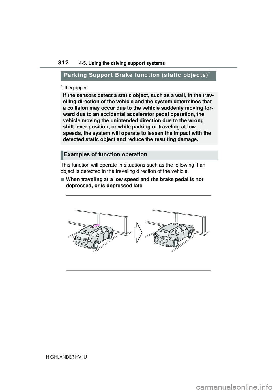 TOYOTA HIGHLANDER HYBRID 2021 Owners Manual (in English) 3124-5. Using the driving support systems
HIGHLANDER HV_U
*: If equipped
This function will operate in situations such as the following if an
object is detected in the traveling direction of the vehi TOYOTA HIGHLANDER HYBRID 2021 Owners Manual (in English) 3124-5. Using the driving support systems
HIGHLANDER HV_U
*: If equipped
This function will operate in situations such as the following if an
object is detected in the traveling direction of the vehi