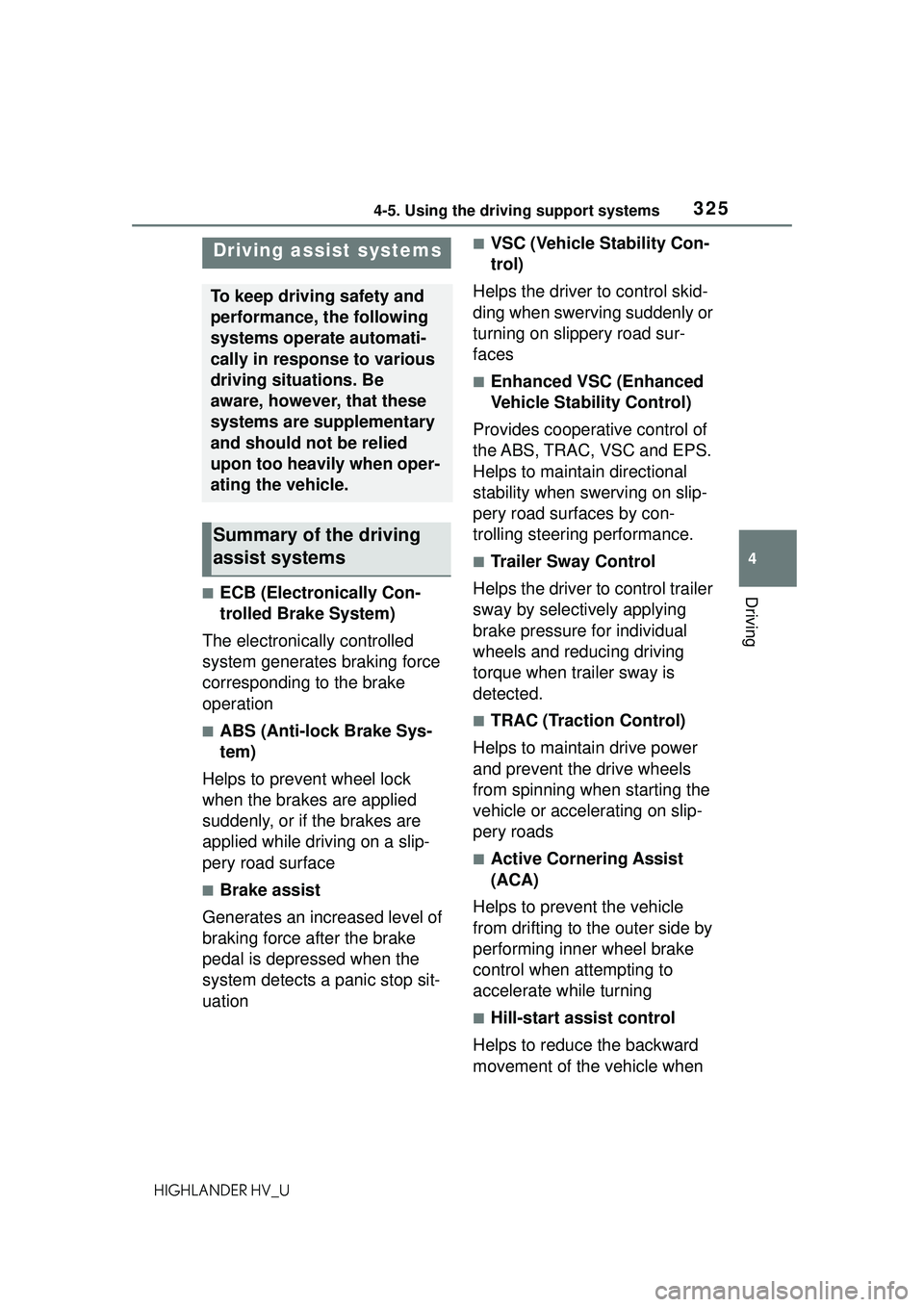 TOYOTA HIGHLANDER HYBRID 2021 Owners Manual (in English) 3254-5. Using the driving support systems
4
Driving
HIGHLANDER HV_U
■ECB (Electronically Con-
trolled Brake System)
The electronically controlled
system generates braking force
corresponding to th TOYOTA HIGHLANDER HYBRID 2021 Owners Manual (in English) 3254-5. Using the driving support systems
4
Driving
HIGHLANDER HV_U
■ECB (Electronically Con-
trolled Brake System)
The electronically controlled
system generates braking force
corresponding to th