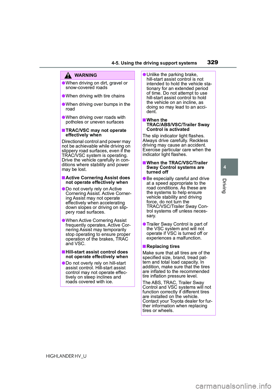 TOYOTA HIGHLANDER HYBRID 2021 Owners Manual (in English) 3294-5. Using the driving support systems
4
Driving
HIGHLANDER HV_U
WARNING
●When driving on dirt, gravel or
snow-covered roads
●When driving with tire chains
●When driving over bumps in the
r TOYOTA HIGHLANDER HYBRID 2021 Owners Manual (in English) 3294-5. Using the driving support systems
4
Driving
HIGHLANDER HV_U
WARNING
●When driving on dirt, gravel or
snow-covered roads
●When driving with tire chains
●When driving over bumps in the
r