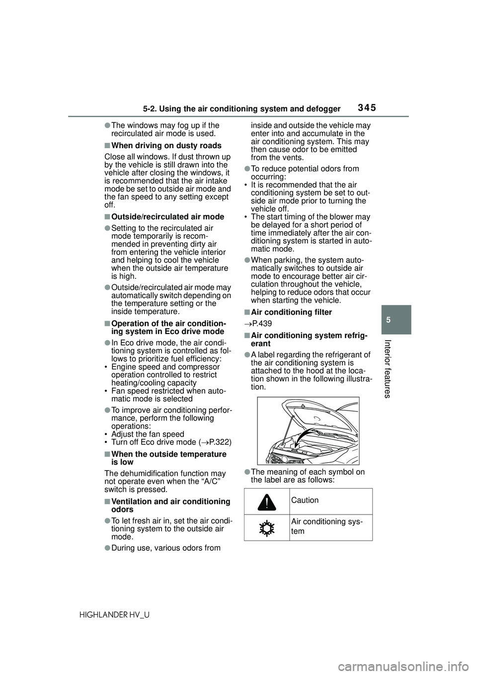 TOYOTA HIGHLANDER HYBRID 2021  Owners Manual (in English) 3455-2. Using the air conditioning system and defogger
5
Interior features
HIGHLANDER HV_U
●The windows may fog up if the 
recirculated air mode is used.
■When driving on dusty roads
Close all win