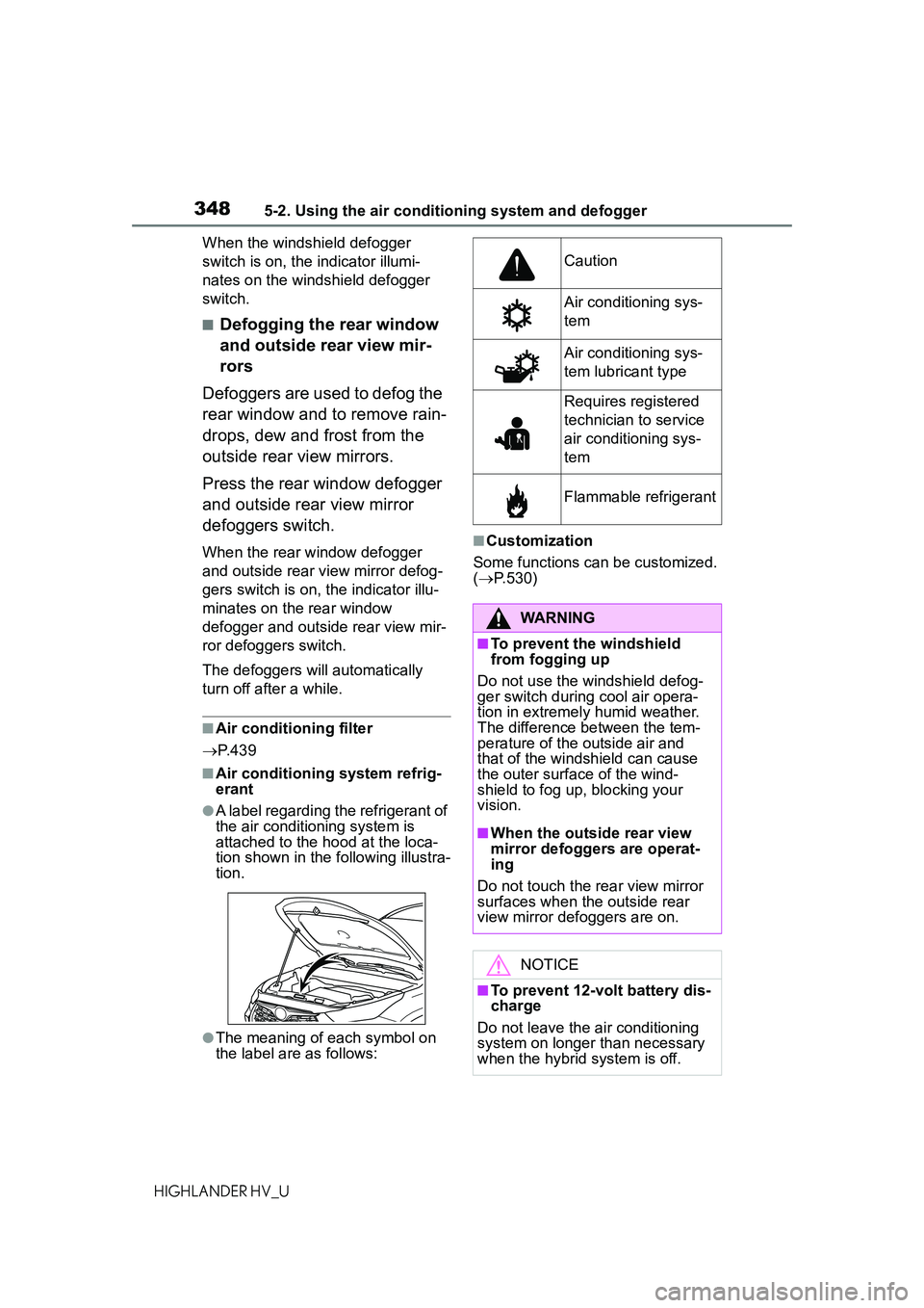 TOYOTA HIGHLANDER HYBRID 2021  Owners Manual (in English) 3485-2. Using the air conditioning system and defogger
HIGHLANDER HV_UWhen the windshield defogger 
switch is on, the indicator illumi-
nates on the windshield defogger 
switch.
■Defogging the rear 