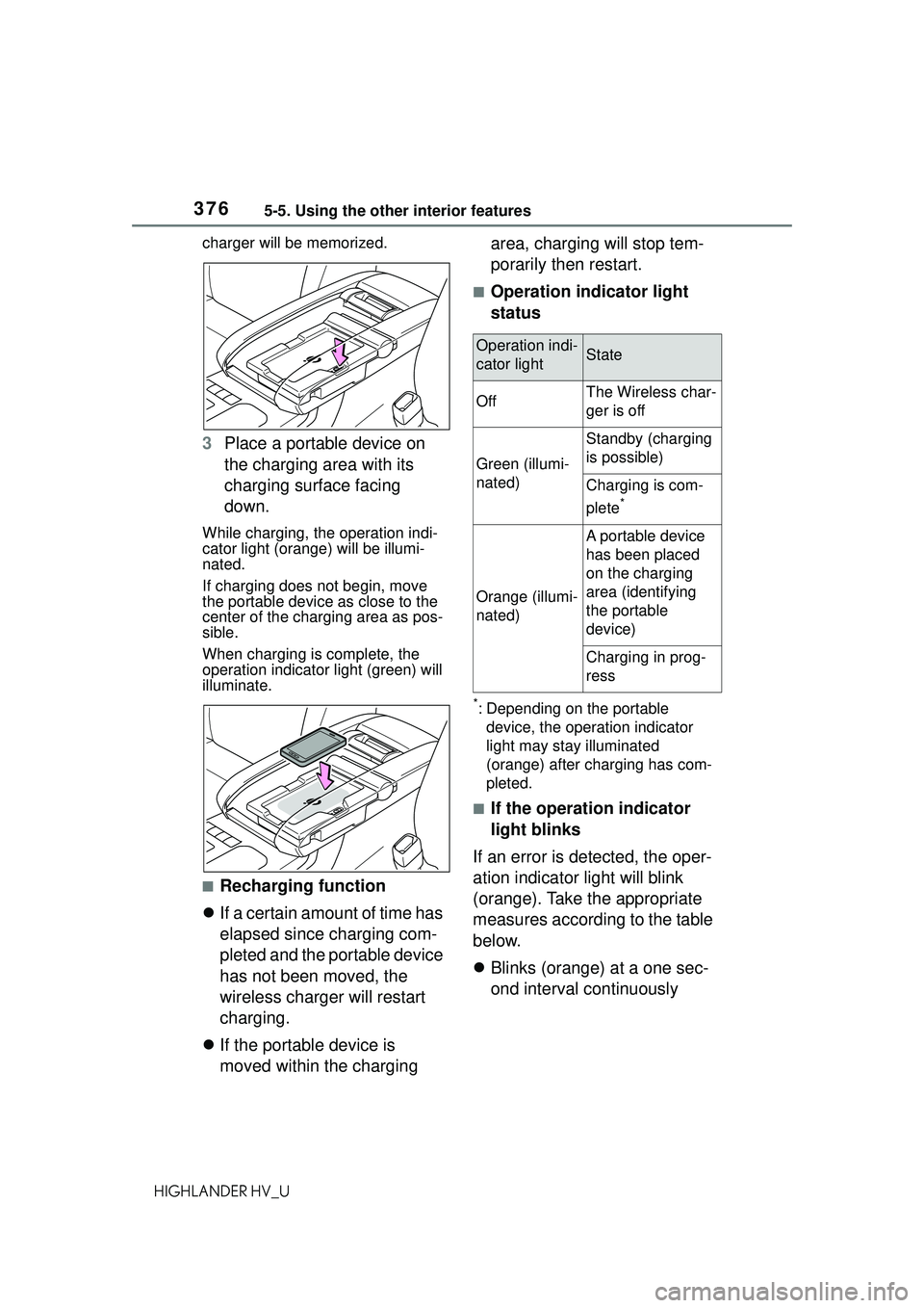 TOYOTA HIGHLANDER HYBRID 2021  Owners Manual (in English) 3765-5. Using the other interior features
HIGHLANDER HV_Ucharger will be memorized.
3
Place a portable device on 
the charging area with its 
charging surface facing 
down.
While charging, the operati