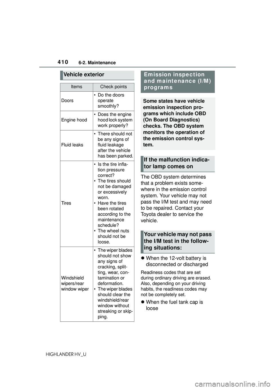 TOYOTA HIGHLANDER HYBRID 2021 Owners Manual (in English) 4106-2. Maintenance
HIGHLANDER HV_U
The OBD system determines
that a problem exists some-
where in the emission control
system. Your vehicle may not
pass the I/M test and may need
to be repaired. TOYOTA HIGHLANDER HYBRID 2021 Owners Manual (in English) 4106-2. Maintenance
HIGHLANDER HV_U
The OBD system determines
that a problem exists some-
where in the emission control
system. Your vehicle may not
pass the I/M test and may need
to be repaired.