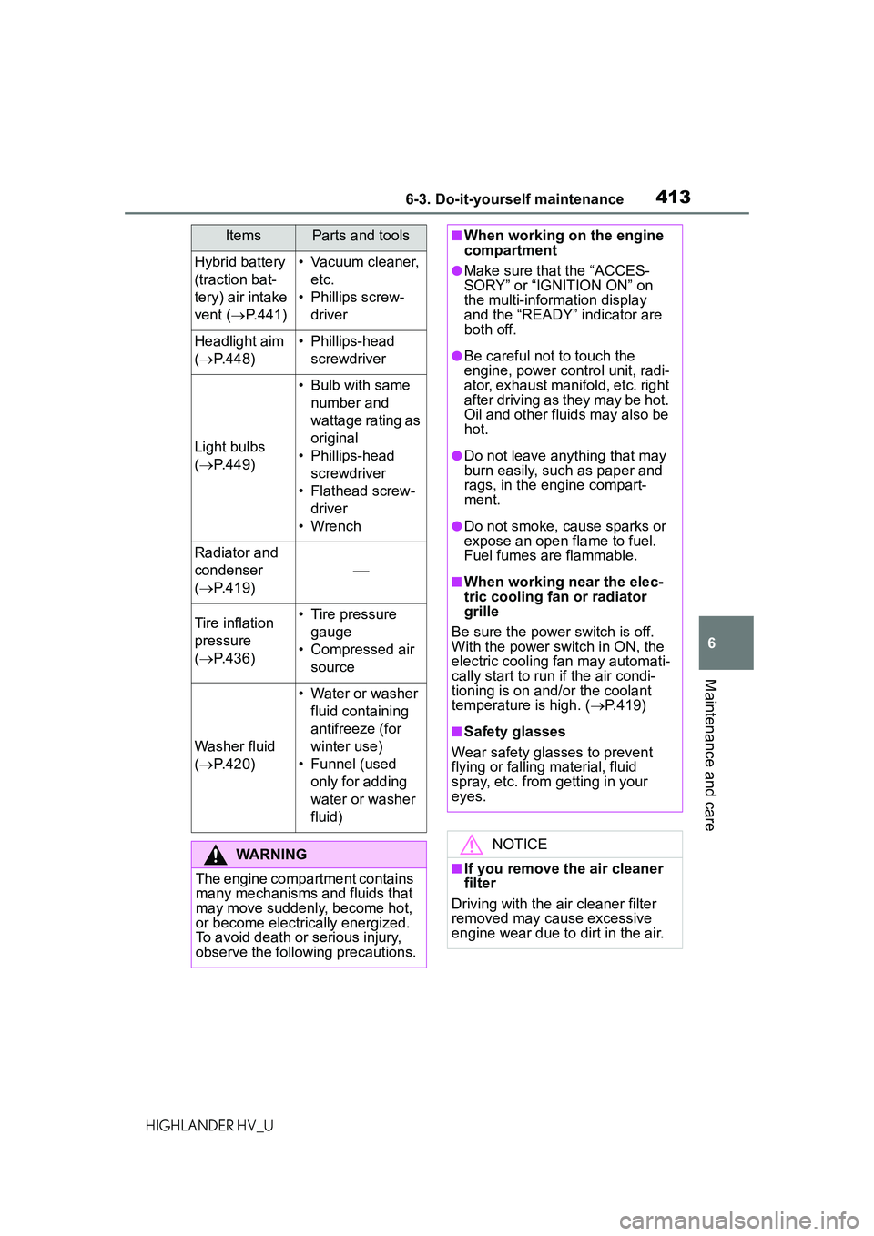 TOYOTA HIGHLANDER HYBRID 2021  Owners Manual (in English) 4136-3. Do-it-yourself maintenance
6
Maintenance and care
HIGHLANDER HV_U
Hybrid battery 
(traction bat-
tery) air intake 
vent (P.441)• Vacuum cleaner, 
etc.
• Phillips screw- driver
Headlight