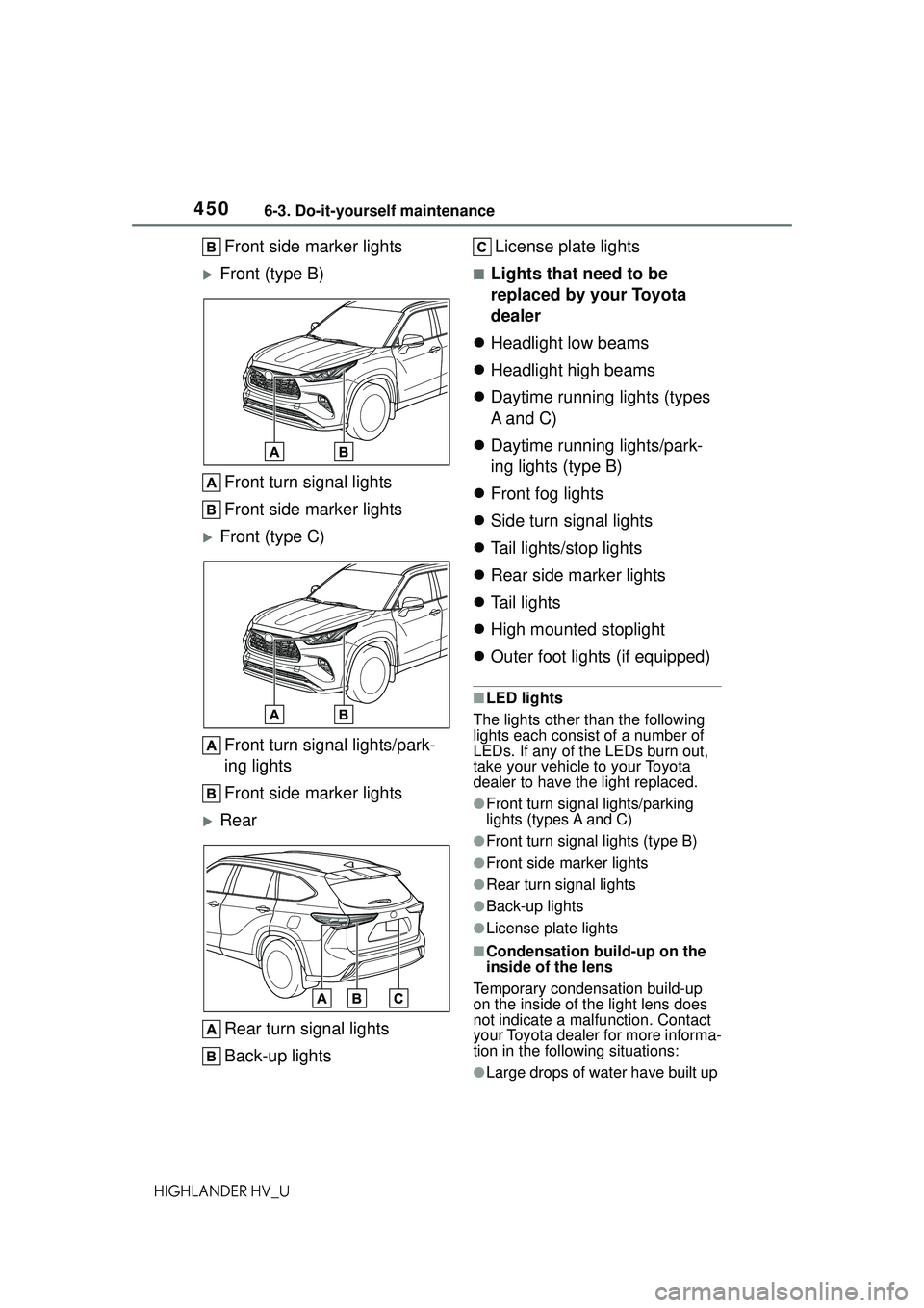 TOYOTA HIGHLANDER HYBRID 2021 Owners Manual (in English) 4506-3. Do-it-yourself maintenance
HIGHLANDER HV_U
Front side marker lights
Front (type B)Front turn signal lights
Front side marker lights
Front (type C)Front turn signal lights/park-
ing light TOYOTA HIGHLANDER HYBRID 2021 Owners Manual (in English) 4506-3. Do-it-yourself maintenance
HIGHLANDER HV_U
Front side marker lights
Front (type B)Front turn signal lights
Front side marker lights
Front (type C)Front turn signal lights/park-
ing light