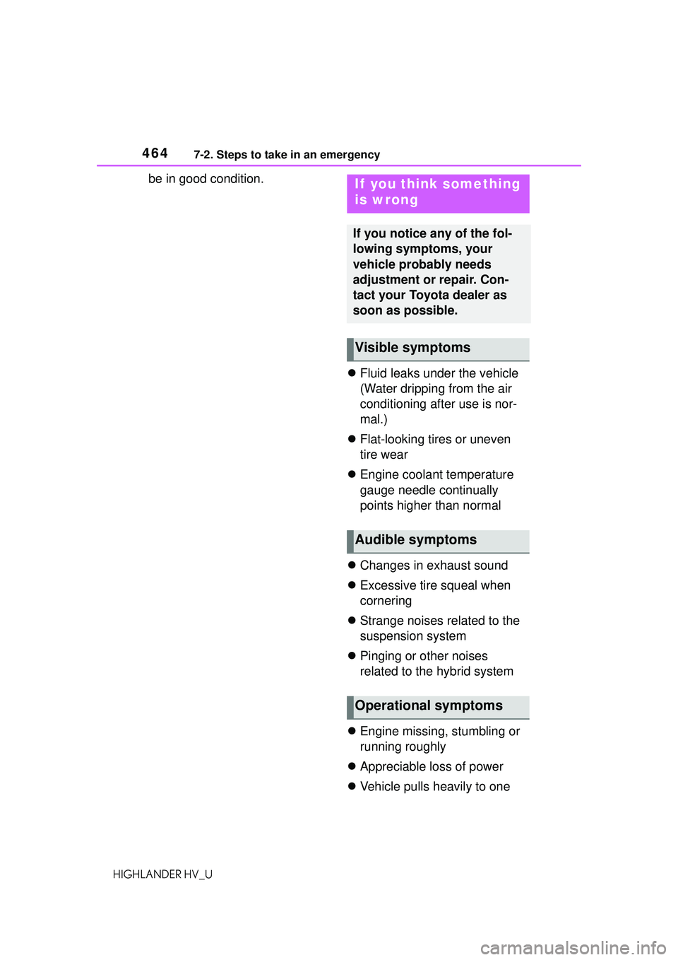 TOYOTA HIGHLANDER HYBRID 2021 Owners Manual (in English) 4647-2. Steps to take in an emergency
HIGHLANDER HV_U
be in good condition.Fluid leaks under the vehicle
(Water dripping from the air
conditioning after use is nor-
mal.)
Flat-looking tires or TOYOTA HIGHLANDER HYBRID 2021 Owners Manual (in English) 4647-2. Steps to take in an emergency
HIGHLANDER HV_U
be in good condition.Fluid leaks under the vehicle
(Water dripping from the air
conditioning after use is nor-
mal.)
Flat-looking tires or
