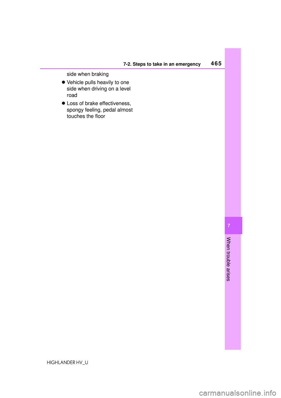 TOYOTA HIGHLANDER HYBRID 2021 Owners Manual (in English) 4657-2. Steps to take in an emergency
7
When trouble arises
HIGHLANDER HV_U
side when braking
Vehicle pulls heavily to one
side when driving on a level
road
Loss of brake effectiveness,
spo TOYOTA HIGHLANDER HYBRID 2021 Owners Manual (in English) 4657-2. Steps to take in an emergency
7
When trouble arises
HIGHLANDER HV_U
side when braking
Vehicle pulls heavily to one
side when driving on a level
road
Loss of brake effectiveness,
spo