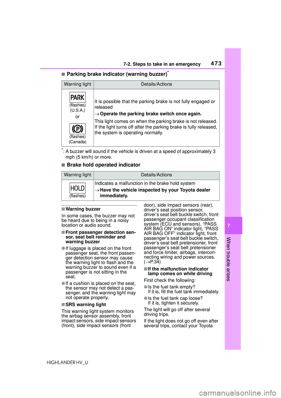 TOYOTA HIGHLANDER HYBRID 2021 Owners Manual (in English) 4737-2. Steps to take in an emergency
7
When trouble arises
HIGHLANDER HV_U
■Parking brake indicator (warning buzzer)*
*: A buzzer will sound if the vehicle is driven at a speed of approximately 3
TOYOTA HIGHLANDER HYBRID 2021 Owners Manual (in English) 4737-2. Steps to take in an emergency
7
When trouble arises
HIGHLANDER HV_U
■Parking brake indicator (warning buzzer)*
*: A buzzer will sound if the vehicle is driven at a speed of approximately 3