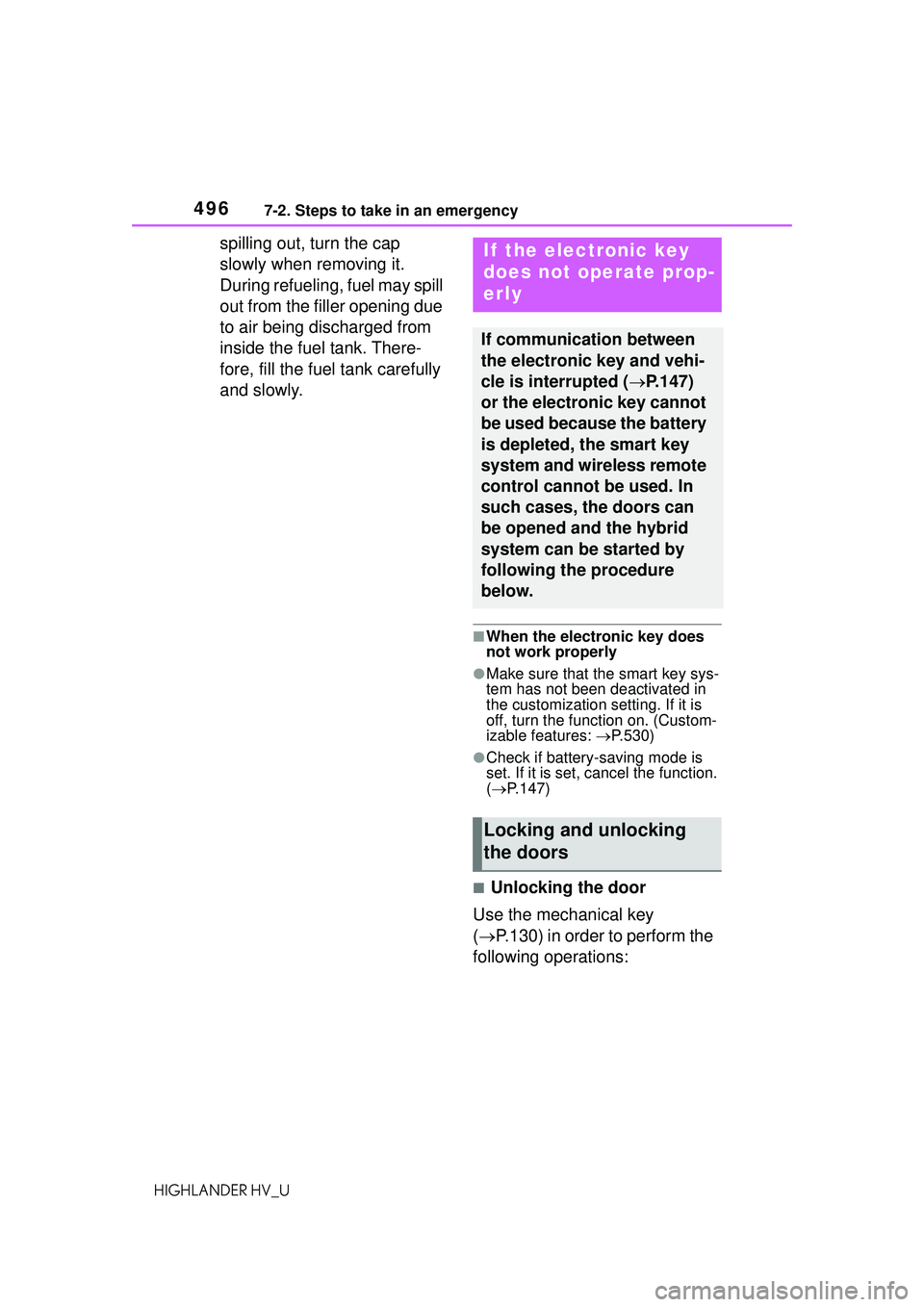 TOYOTA HIGHLANDER HYBRID 2021 Owners Manual (in English) 4967-2. Steps to take in an emergency
HIGHLANDER HV_U
spilling out, turn the cap
slowly when removing it.
During refueling, fuel may spill
out from the filler opening due
to air being discharged fr TOYOTA HIGHLANDER HYBRID 2021 Owners Manual (in English) 4967-2. Steps to take in an emergency
HIGHLANDER HV_U
spilling out, turn the cap
slowly when removing it.
During refueling, fuel may spill
out from the filler opening due
to air being discharged fr