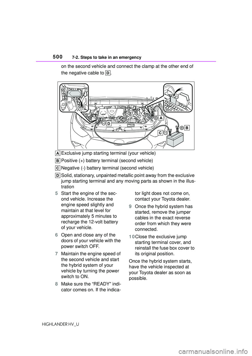 TOYOTA HIGHLANDER HYBRID 2021 Owners Manual (in English) 5007-2. Steps to take in an emergency
HIGHLANDER HV_U
on the second vehicle and connect the clamp at the other end of
the negative cable to .
Exclusive jump starting terminal (your vehicle)
Positive TOYOTA HIGHLANDER HYBRID 2021 Owners Manual (in English) 5007-2. Steps to take in an emergency
HIGHLANDER HV_U
on the second vehicle and connect the clamp at the other end of
the negative cable to .
Exclusive jump starting terminal (your vehicle)
Positive