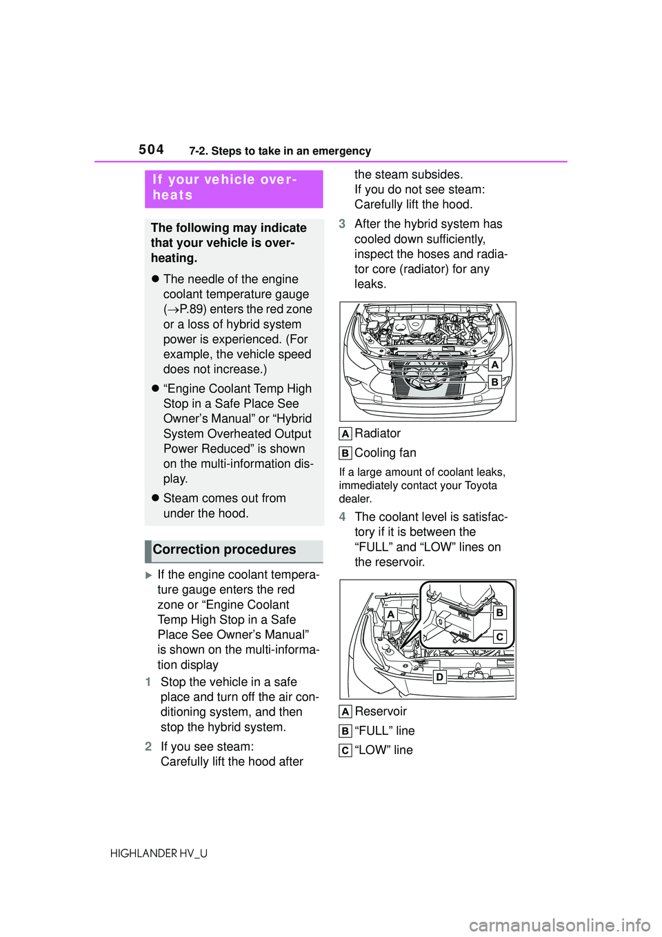 TOYOTA HIGHLANDER HYBRID 2021 Owners Manual (in English) 5047-2. Steps to take in an emergency
HIGHLANDER HV_U
If the engine coolant tempera-
ture gauge enters the red
zone or “Engine Coolant
Temp High Stop in a Safe
Place See Owner’s Manual”
i TOYOTA HIGHLANDER HYBRID 2021 Owners Manual (in English) 5047-2. Steps to take in an emergency
HIGHLANDER HV_U
If the engine coolant tempera-
ture gauge enters the red
zone or “Engine Coolant
Temp High Stop in a Safe
Place See Owner’s Manual”
i