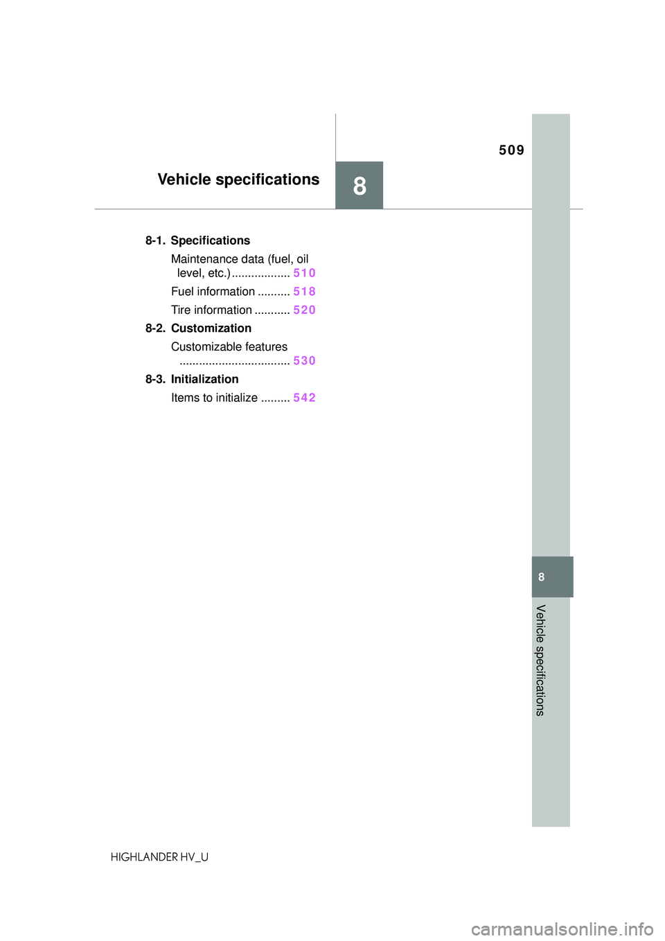TOYOTA HIGHLANDER HYBRID 2021 Owners Manual (in English) 509
8
8
Vehicle specifications
HIGHLANDER HV_U
Vehicle specifications
.8-1. SpecificationsMaintenance data (fuel, oil level, etc.) .................. 510
Fuel information .......... 518
Tire informati TOYOTA HIGHLANDER HYBRID 2021 Owners Manual (in English) 509
8
8
Vehicle specifications
HIGHLANDER HV_U
Vehicle specifications
.8-1. SpecificationsMaintenance data (fuel, oil level, etc.) .................. 510
Fuel information .......... 518
Tire informati