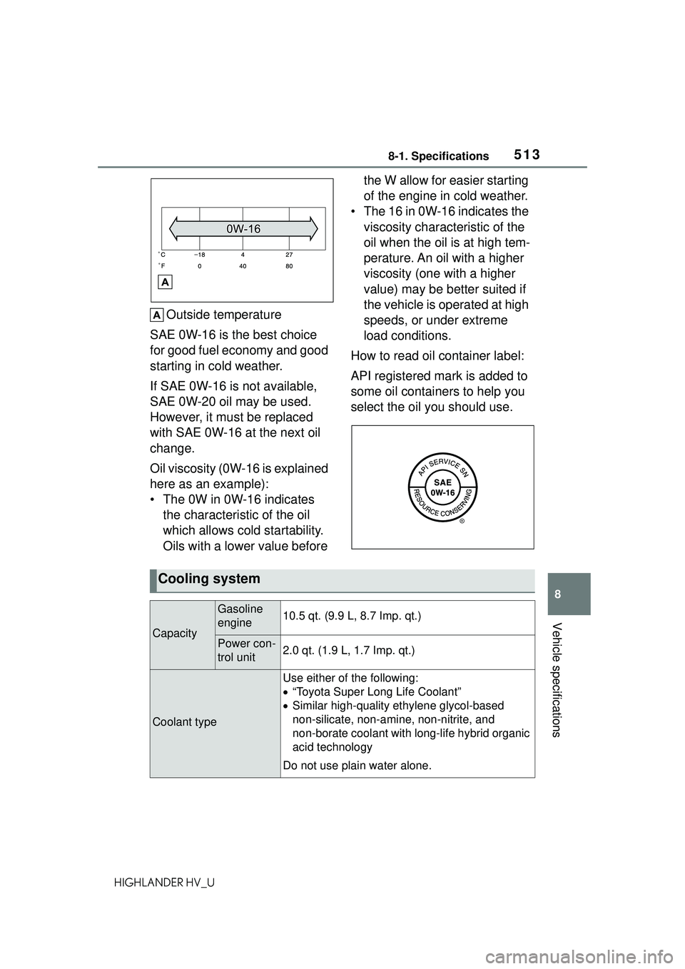 TOYOTA HIGHLANDER HYBRID 2021 Owners Manual (in English) 5138-1. Specifications
8
Vehicle specifications
HIGHLANDER HV_U
Outside temperature
SAE 0W-16 is the best choice
for good fuel economy and good
starting in cold weather.
If SAE 0W-16 is not availabl TOYOTA HIGHLANDER HYBRID 2021 Owners Manual (in English) 5138-1. Specifications
8
Vehicle specifications
HIGHLANDER HV_U
Outside temperature
SAE 0W-16 is the best choice
for good fuel economy and good
starting in cold weather.
If SAE 0W-16 is not availabl