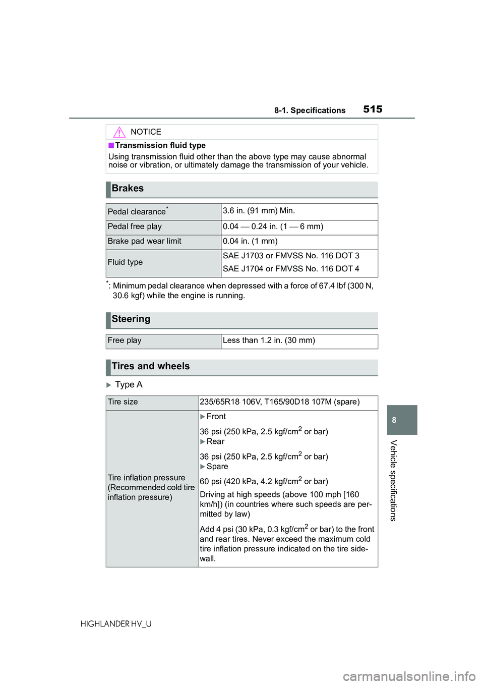 TOYOTA HIGHLANDER HYBRID 2021 Owners Manual (in English) 5158-1. Specifications
8
Vehicle specifications
HIGHLANDER HV_U
*: Minimum pedal clearance when depressed with a force of 67.4 lbf (300 N, 30.6 kgf) while the engine is running.
Ty p e A
NOTICE
■ TOYOTA HIGHLANDER HYBRID 2021 Owners Manual (in English) 5158-1. Specifications
8
Vehicle specifications
HIGHLANDER HV_U
*: Minimum pedal clearance when depressed with a force of 67.4 lbf (300 N, 30.6 kgf) while the engine is running.
Ty p e A
NOTICE
■
