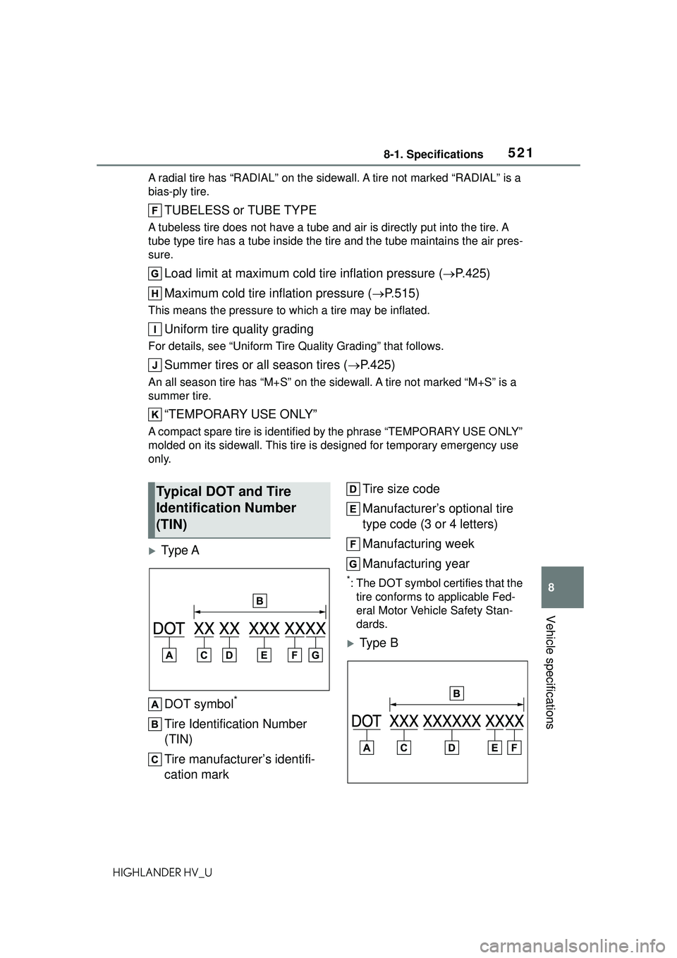 TOYOTA HIGHLANDER HYBRID 2021 Owners Manual (in English) 5218-1. Specifications
8
Vehicle specifications
HIGHLANDER HV_UA radial tire has “RADIAL” on the sidewall. A tire not marked “RADIAL” is a
bias-ply tire.
TUBELESS or TUBE TYPE
A tubeless tire TOYOTA HIGHLANDER HYBRID 2021 Owners Manual (in English) 5218-1. Specifications
8
Vehicle specifications
HIGHLANDER HV_UA radial tire has “RADIAL” on the sidewall. A tire not marked “RADIAL” is a
bias-ply tire.
TUBELESS or TUBE TYPE
A tubeless tire
