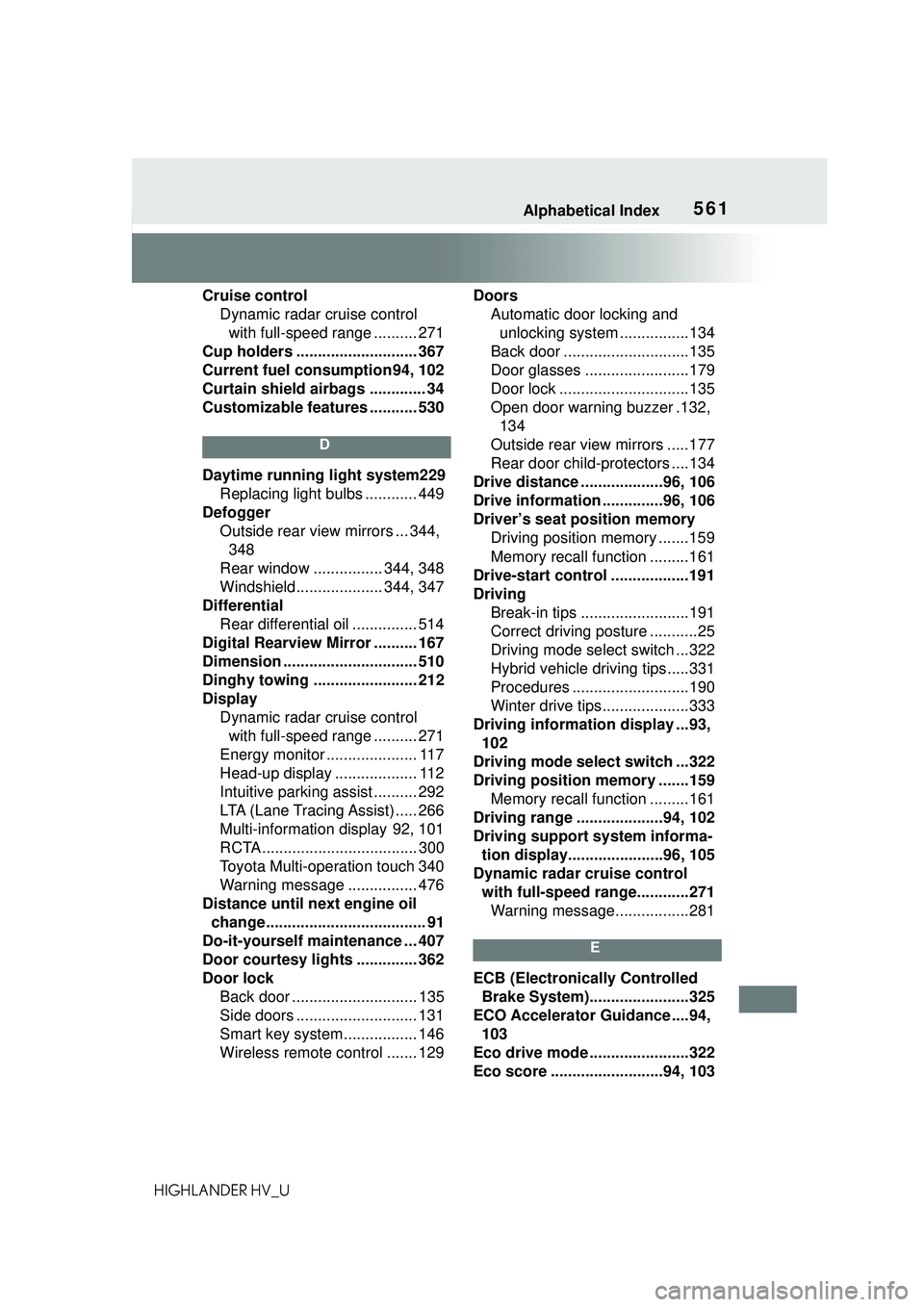 TOYOTA HIGHLANDER HYBRID 2021 Owners Manual (in English) 561Alphabetical Index
HIGHLANDER HV_UCruise control
Dynamic radar cruise control with full-speed range .......... 271
Cup holders ............................ 367
Current fuel consumption94, 102
Curta TOYOTA HIGHLANDER HYBRID 2021 Owners Manual (in English) 561Alphabetical Index
HIGHLANDER HV_UCruise control
Dynamic radar cruise control with full-speed range .......... 271
Cup holders ............................ 367
Current fuel consumption94, 102
Curta