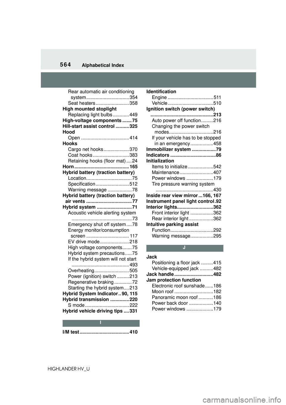 TOYOTA HIGHLANDER HYBRID 2021  Owners Manual (in English) 564Alphabetical Index
HIGHLANDER HV_URear automatic air conditioning 
system ................................ 354
Seat heaters ......................... 358
High mounted stoplight Replacing light bulb