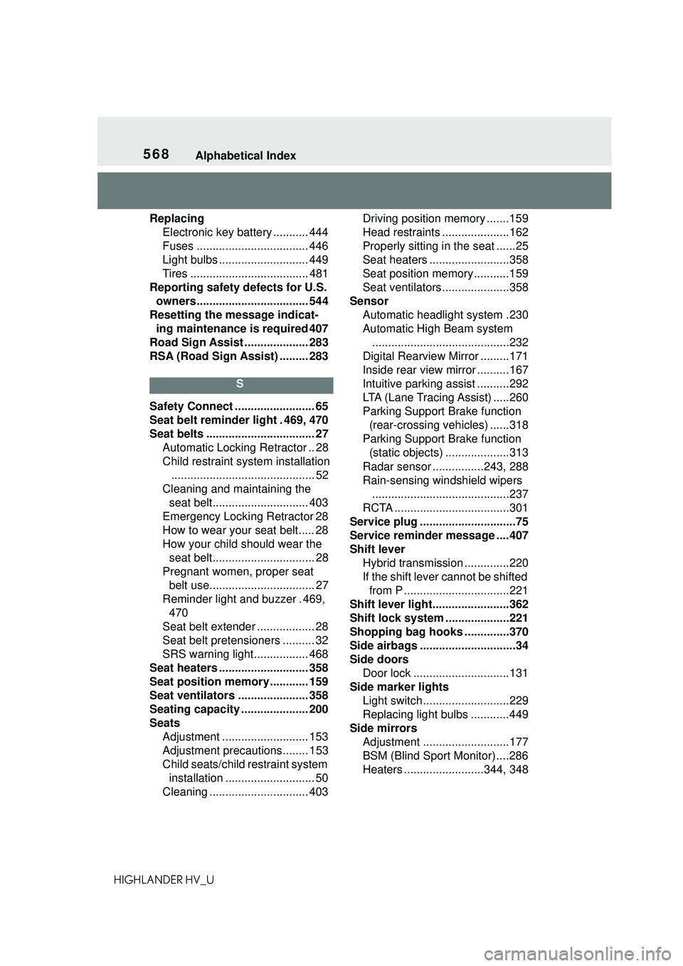 TOYOTA HIGHLANDER HYBRID 2021  Owners Manual (in English) 568Alphabetical Index
HIGHLANDER HV_UReplacing
Electronic key battery ........... 444
Fuses ................................... 446
Light bulbs ............................ 449
Tires .................