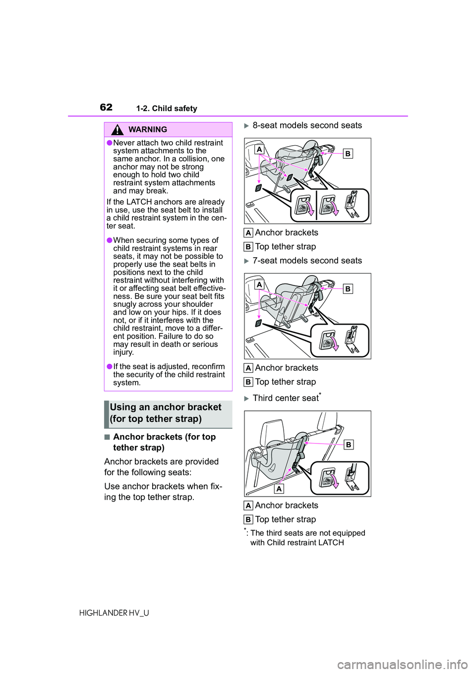 TOYOTA HIGHLANDER HYBRID 2021 (in English) Repair Manual 621-2. Child safety
HIGHLANDER HV_U
■Anchor brackets (for top
tether strap)
Anchor brackets are provided
for the following seats:
Use anchor brackets when fix-
ing the top tether strap.
8-seat TOYOTA HIGHLANDER HYBRID 2021 (in English) Repair Manual 621-2. Child safety
HIGHLANDER HV_U
■Anchor brackets (for top
tether strap)
Anchor brackets are provided
for the following seats:
Use anchor brackets when fix-
ing the top tether strap.
8-seat